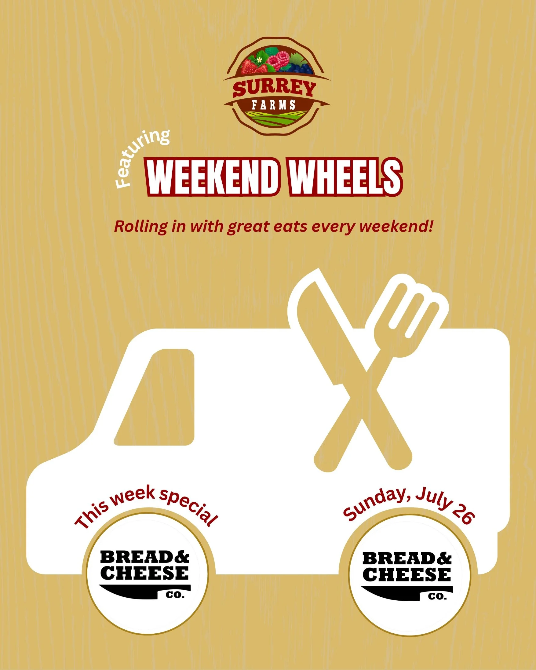 This Week on WEEKEND WHEELS☕️

We&rsquo;re excited to welcome @breadandcheese.yvr to Surrey Farms this Saturday!

Bring the family and treat yourself to delicious premium grilled cheese sandwiches while the kids enjoy a day on the farm. 

📅 Satur