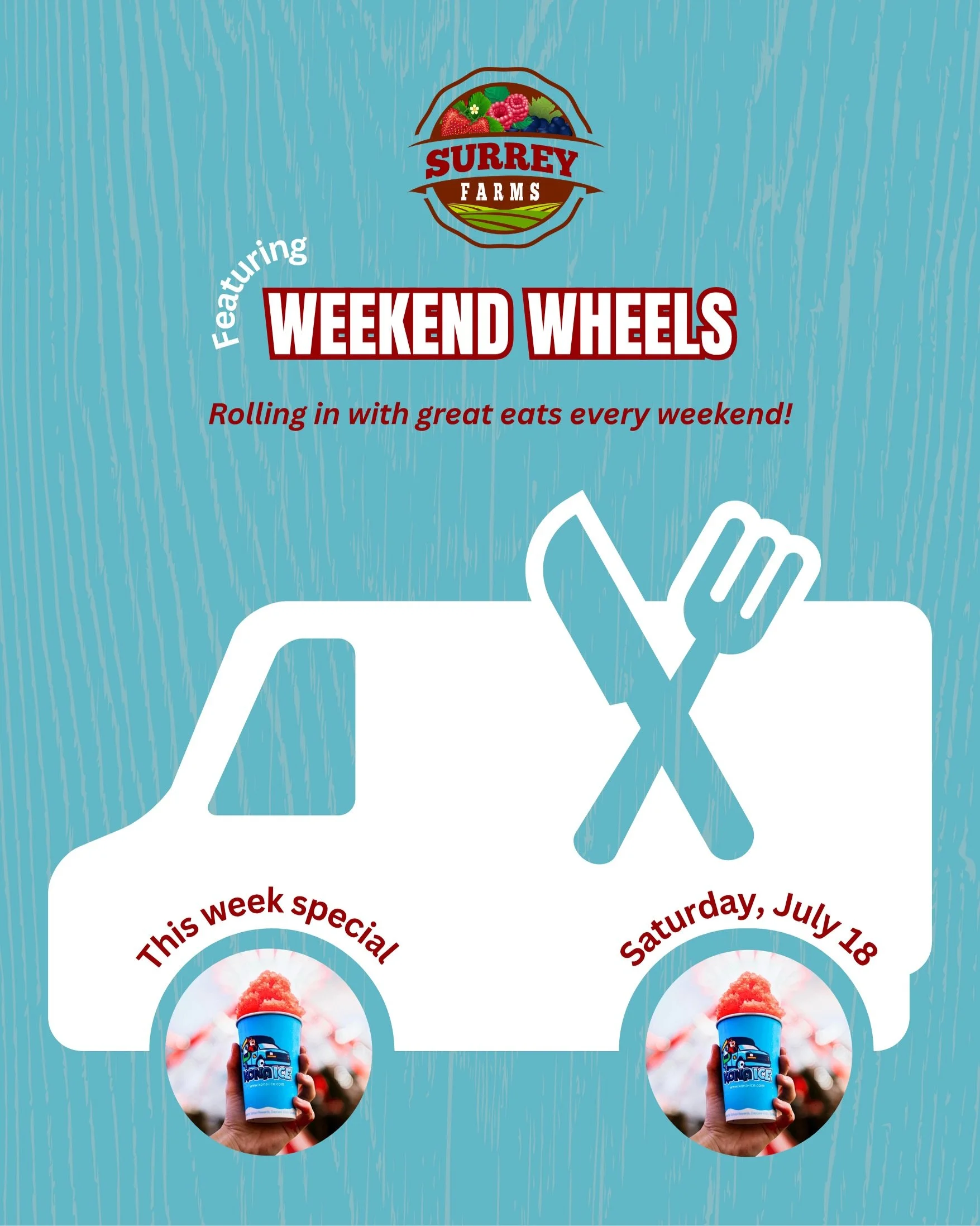 This Week on WEEKEND WHEELS☕️

We&rsquo;re excited to welcome @konaicechilliwack to Surrey Farms this weekend!

If you&rsquo;re craving a refreshing treat on a sunny day, this weekend is the perfect time to visit the farm! Enjoy gourmet shaved ice 