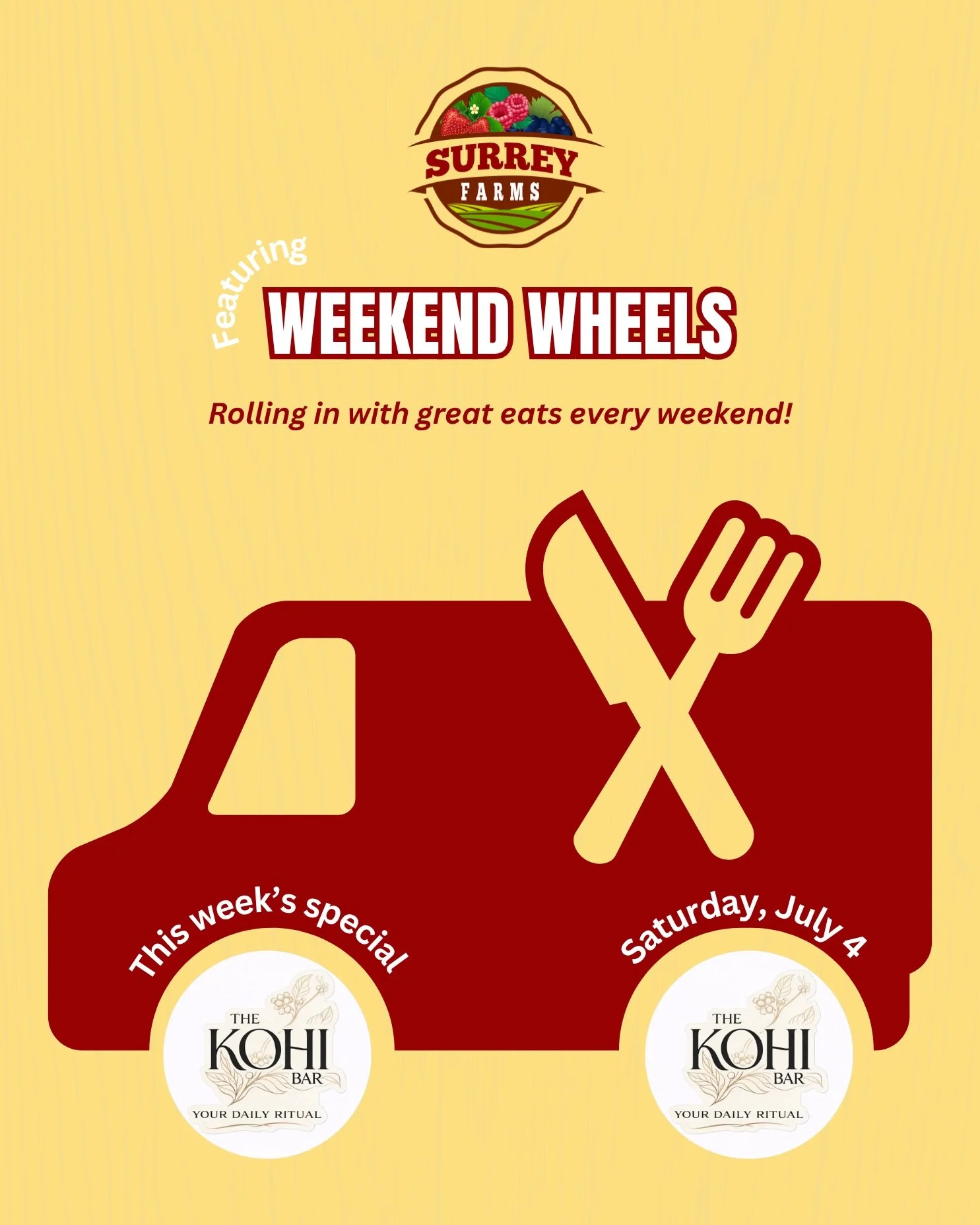 This Week on WEEKEND WHEELS☕️

We&rsquo;re excited to welcome @thekohibar_ to Surrey Farms this Saturday!

Whether you&rsquo;re in the mood for a handcrafted coffee, a refreshing matcha, a fresh sandwich, or a quick bite, it&rsquo;s the perfect sto