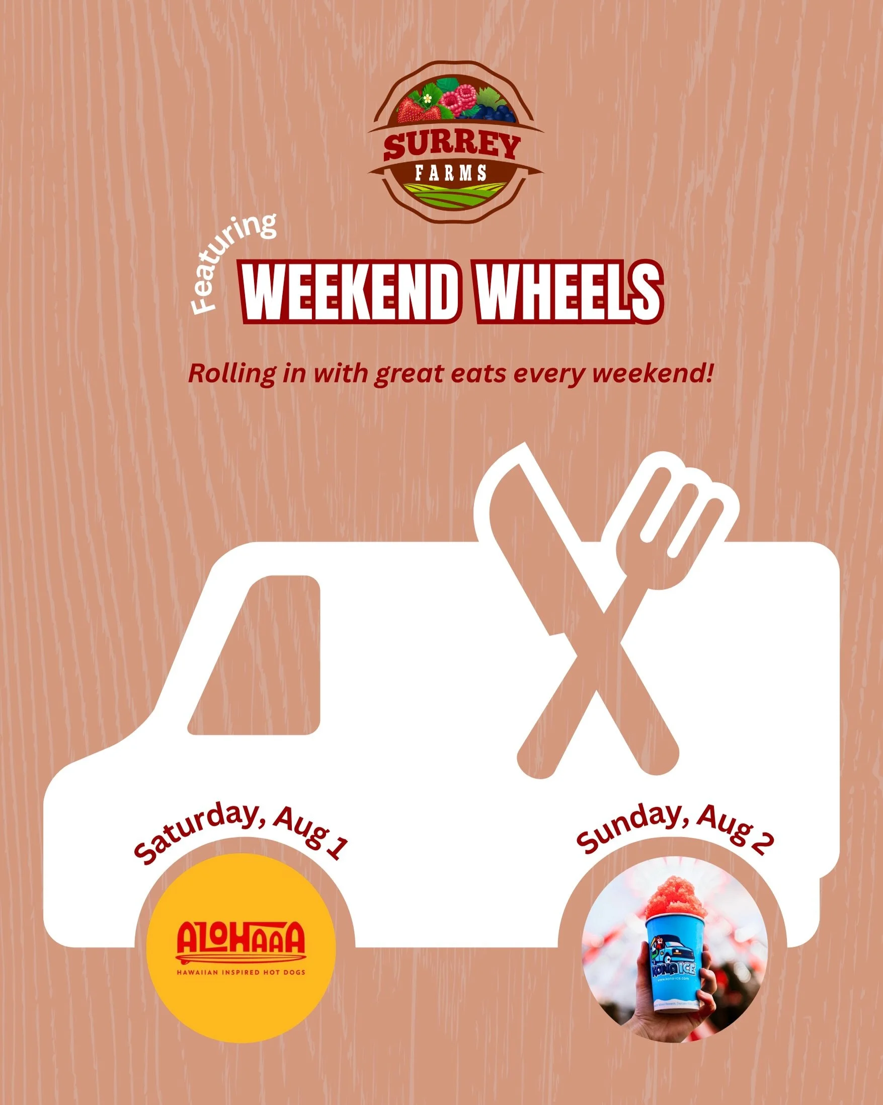 This Week on WEEKEND WHEELS🌭🍦

We will again welcome @alohaaahotdogs &amp; @konaicechilliwack to Surrey Farms this long weekend!

Whether you&rsquo;re in the mood for a Hawaiian inspired hotdog, or a gourmet shaved ice experience, the farm offers