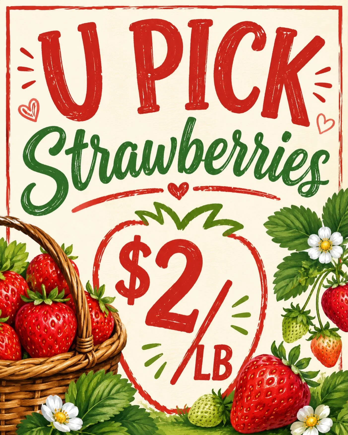 🍓 U-PICK STRAWBERRIES ARE HERE! 🍓

Fresh, juicy, and picked by YOU! ❤️
Come enjoy a fun day on the farm and take home the sweetest berries around.

🍓 ONLY $2/LB! 🍓
Bring your family, bring your friends, and fill your baskets! 🧺🌿

📍 Come pick y