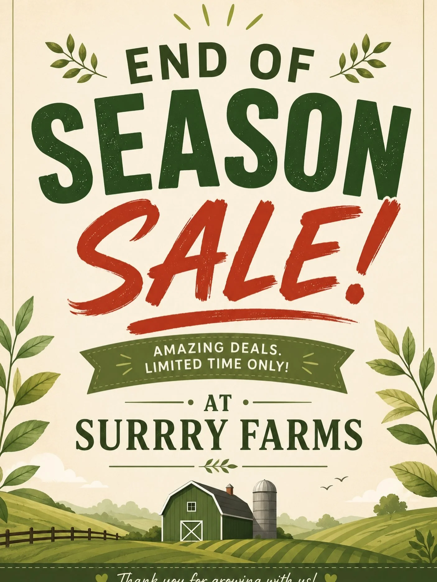 🍂🎉 END OF SEASON SALE AT SURRYY FARMS! 🎉🍂

The season is coming to an end, and we&rsquo;re celebrating with some amazing deals! 🌾 Come visit us, shop your farm favourites, and enjoy our end-of-season savings before the season wraps up! 🍁❤️

🧡 