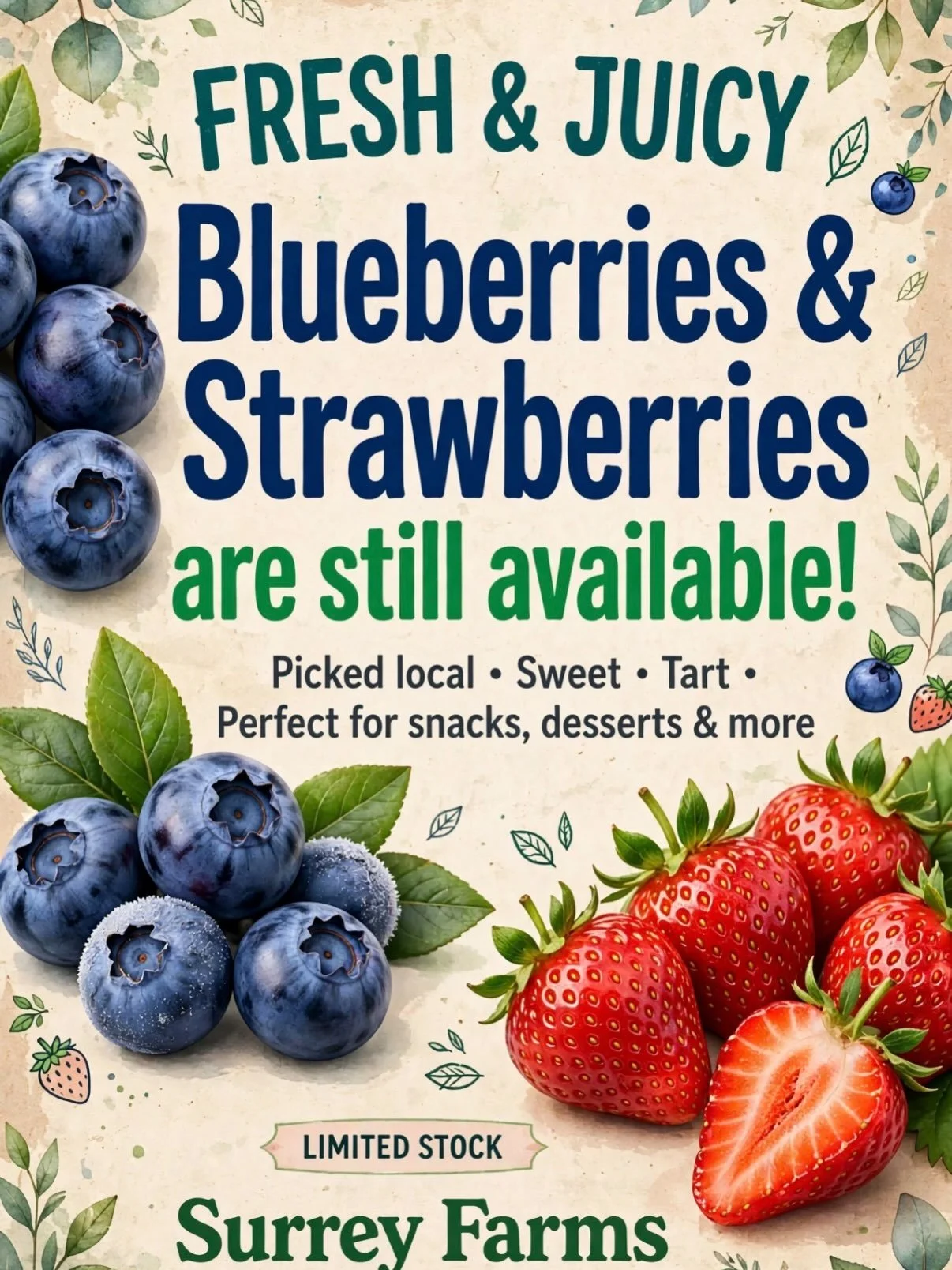 🍓🫐 FRESH BLUEBERRIES &amp; STRAWBERRIES ARE STILL AVAILABLE! 🌿❤️

Good news, berry lovers! 😍 Our fresh, delicious blueberries and juicy strawberries are still here waiting for you! 🍓🫐

✨ Don&rsquo;t miss out on your favourite fresh berries! Com