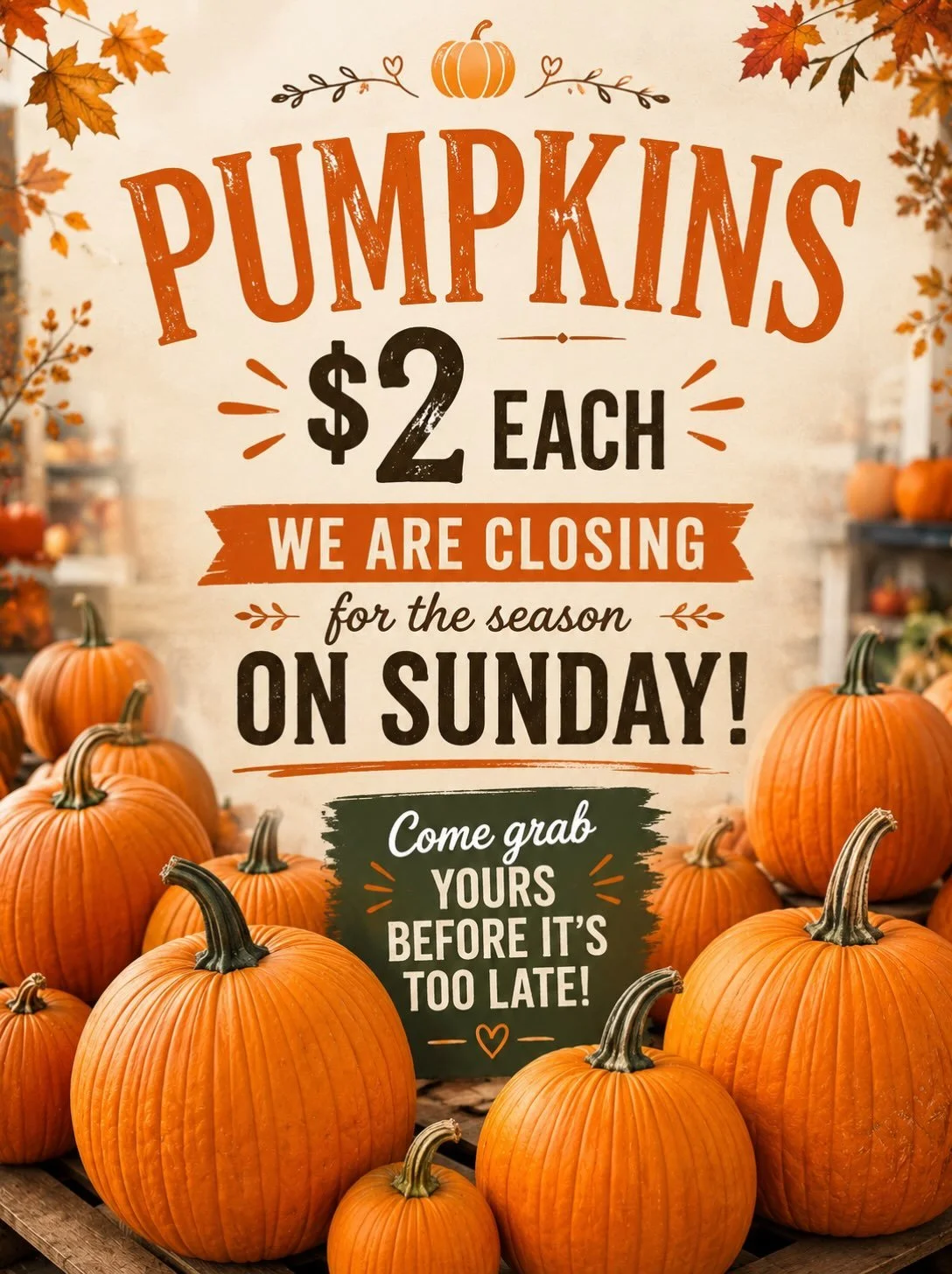 🎃🍂 PUMPKIN SALE &mdash; ONLY $2 EACH! 🍂🎃

Our season is coming to an end! ❤️ We&rsquo;re officially CLOSING FOR THE SEASON THIS SUNDAY! 🍁

Come grab your pumpkins before it&rsquo;s too late! 🎃✨ Whether you need one for decorating or just love p
