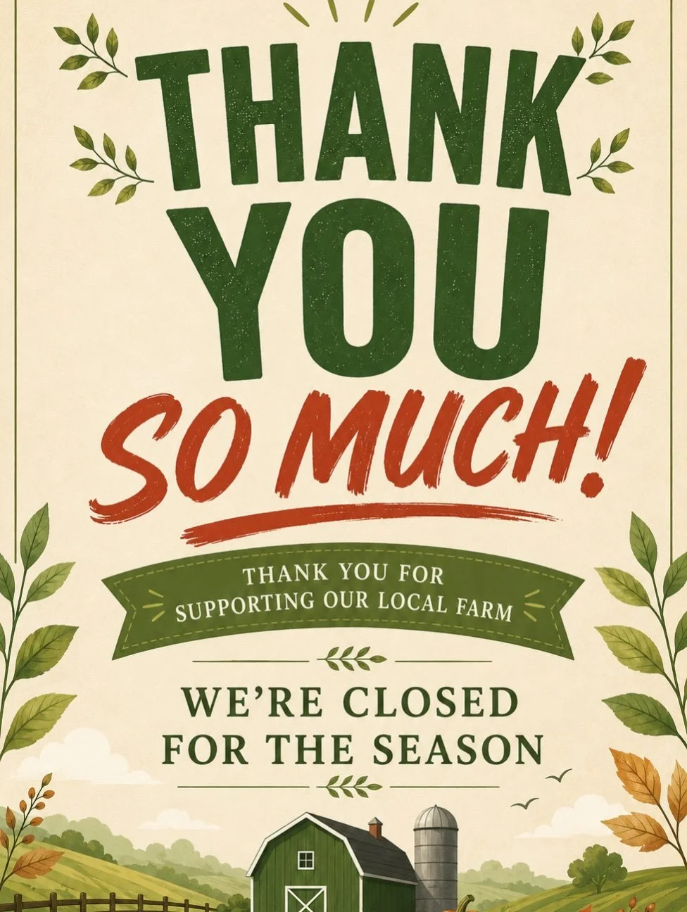 🍂🤎 THANK YOU SO MUCH FOR AN AMAZING SEASON! 🎃🌾

As we close our doors for the season, we want to thank each and every one of you for supporting Surrey Farms. Your love, support, and visits have made this season truly special! 🧡

We&rsquo;re so g