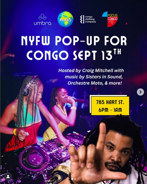Event poster for an NYFW pop-up for Congo on September 13th, hosted by Craig Mitchell with music by Sistars in Sound and Orchestra Moto, at 785 Hart St. from 6 PM to 1 AM. The poster features images of musicians and DJs.