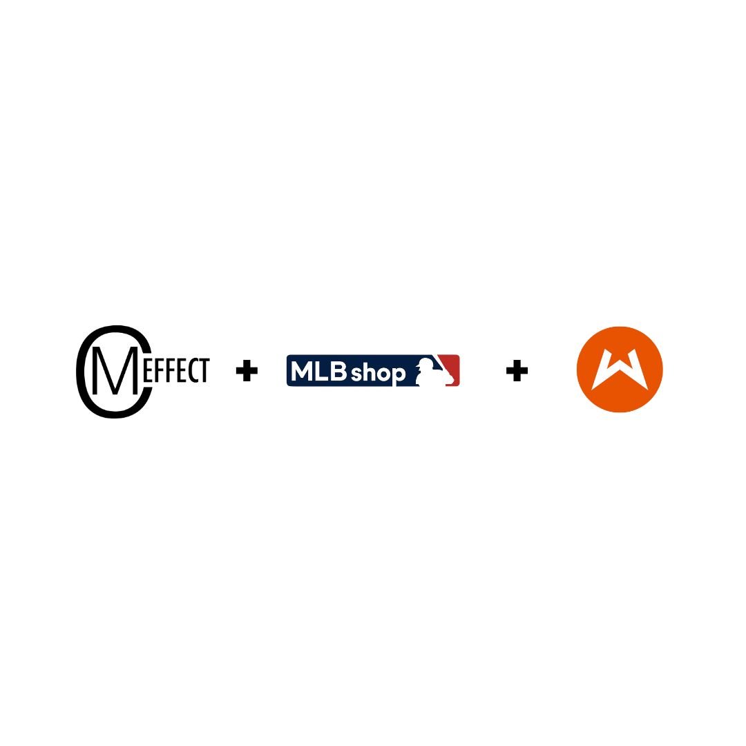 Logo collage with 'M Effect' on the left, MLB Shop logo in the middle, and another circular orange logo on the right.