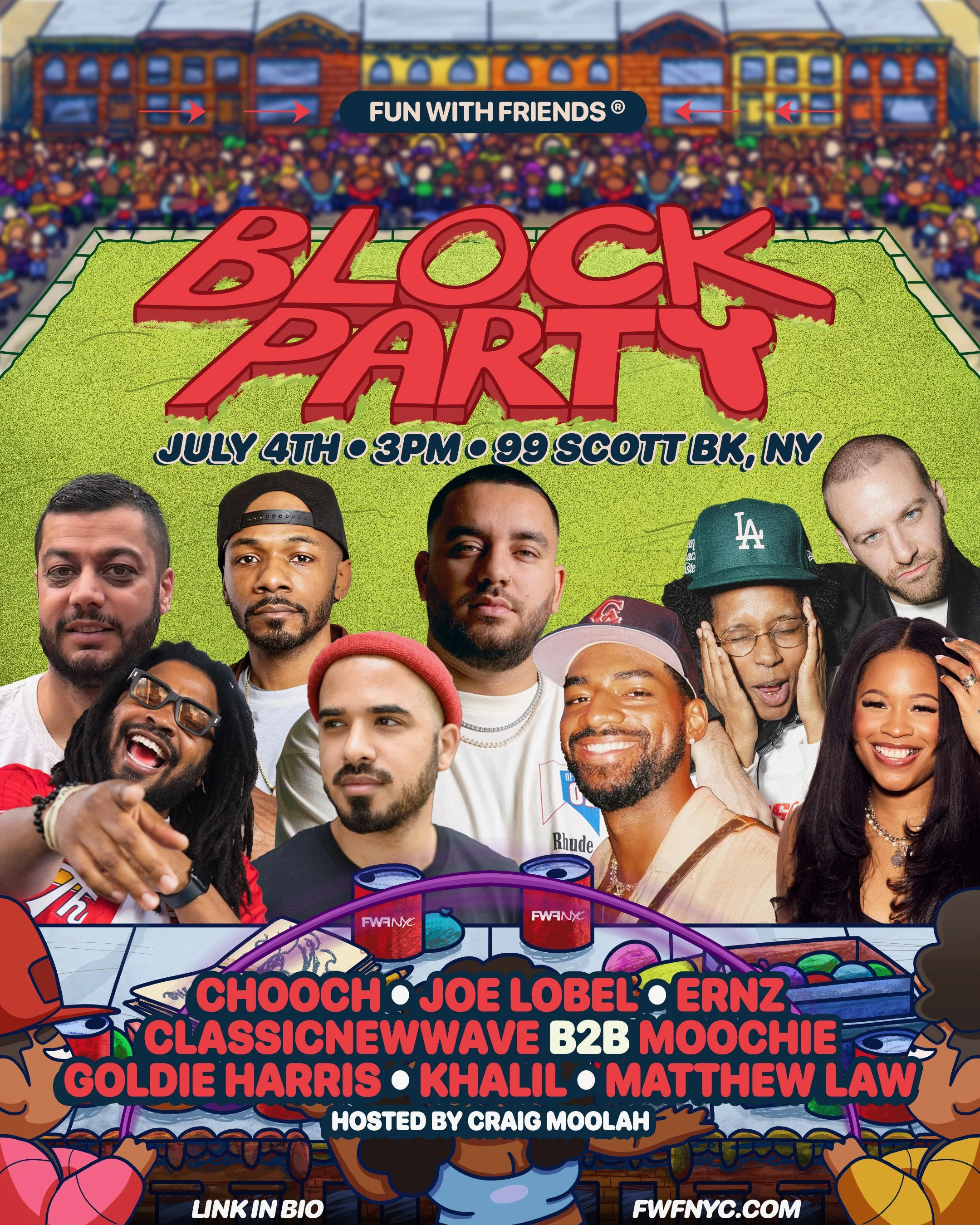 Poster for Block Party event on July 4th at 3 PM on Scott Blvd. in Albany, NY, featuring photos of various performers and a colorful animated carnival scene in the background.