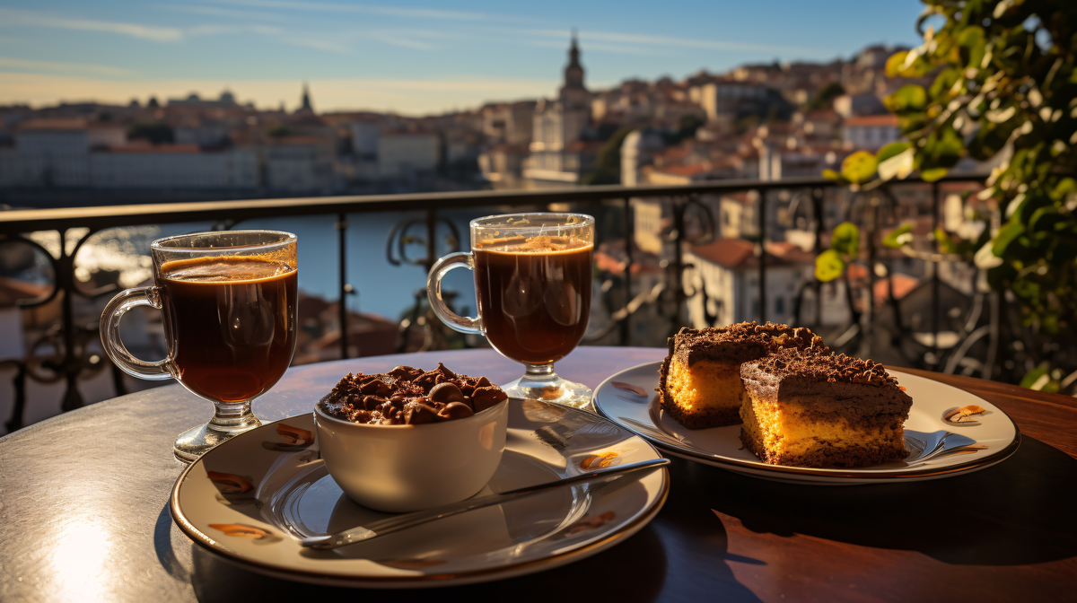 Coffee, chocolate, and cake on a balcony with a city view in the background during sunset.