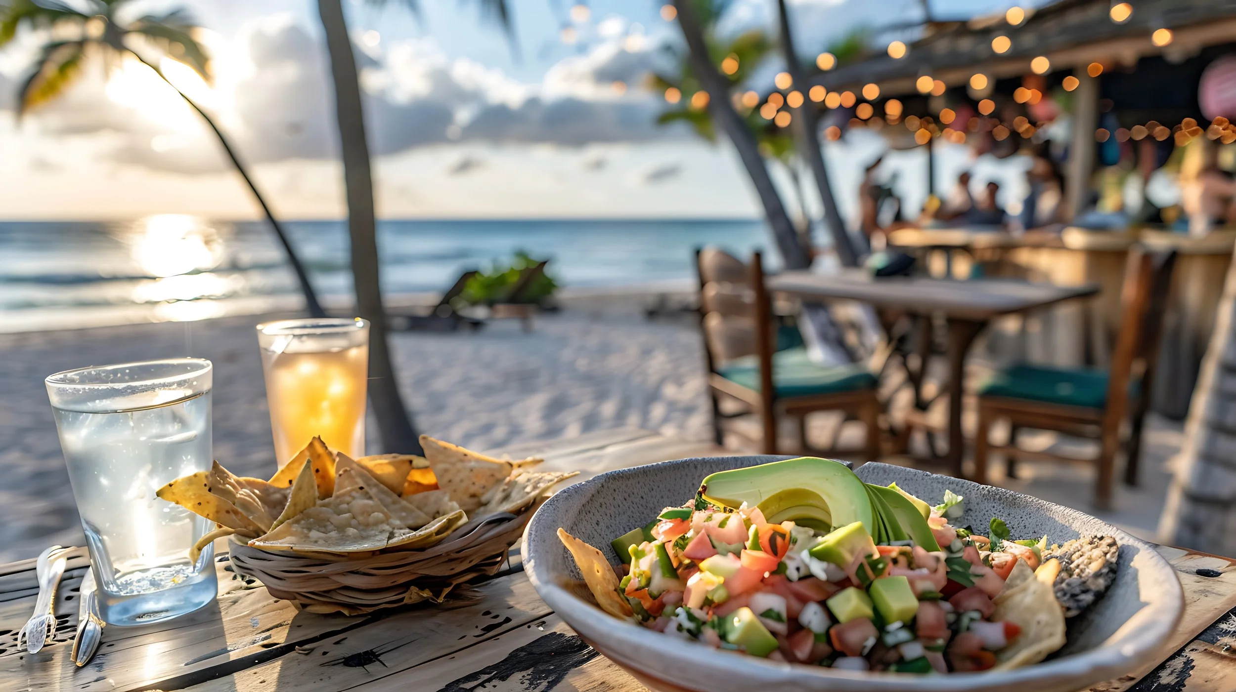 Beach cuisine at sunset with ceviche and a cocktail in costa rica by a beach bar
