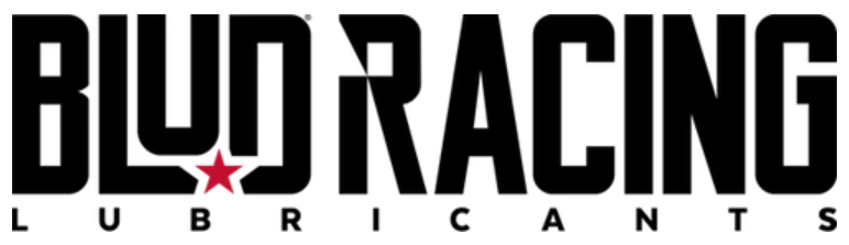 Bold black and red BLUD RACING logo with stars and the word LUBRICANTS underneath