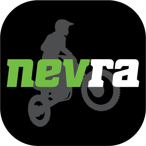 Stylized motocross rider silhouette behind green and white “nevra” logo