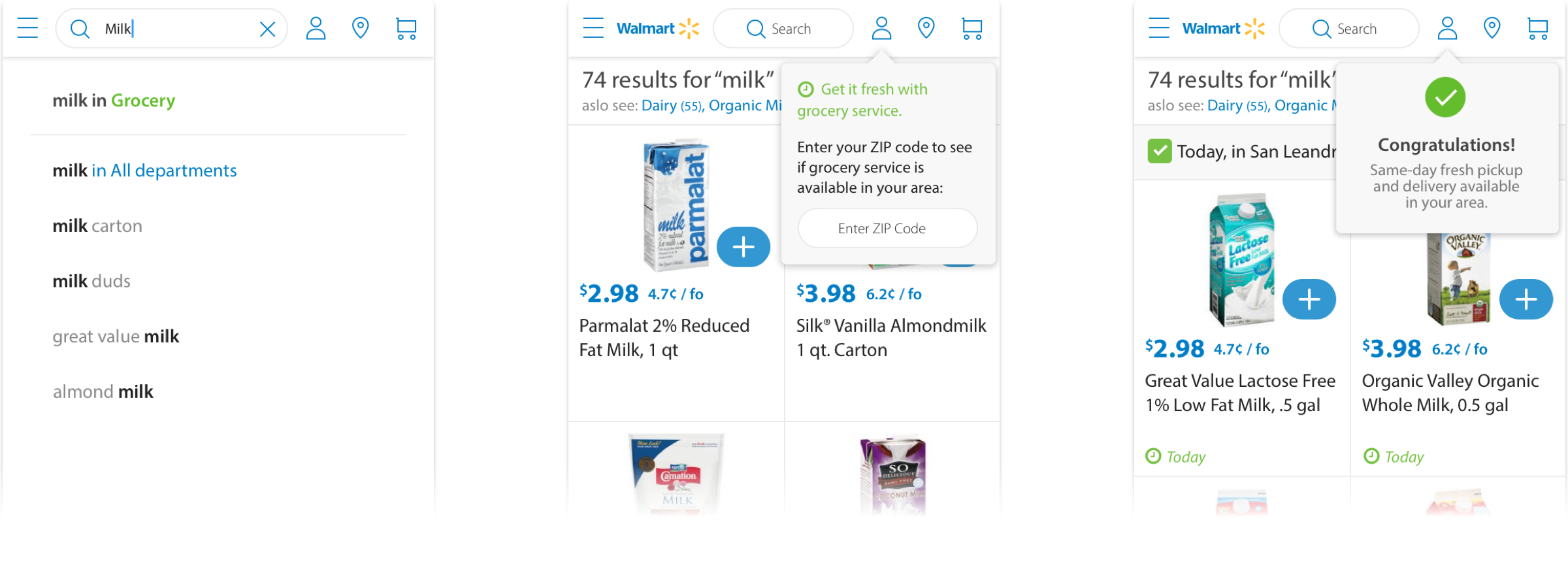 Left to right: Grocery category search, ZIP code eligibility flyout, eligibility success flyout