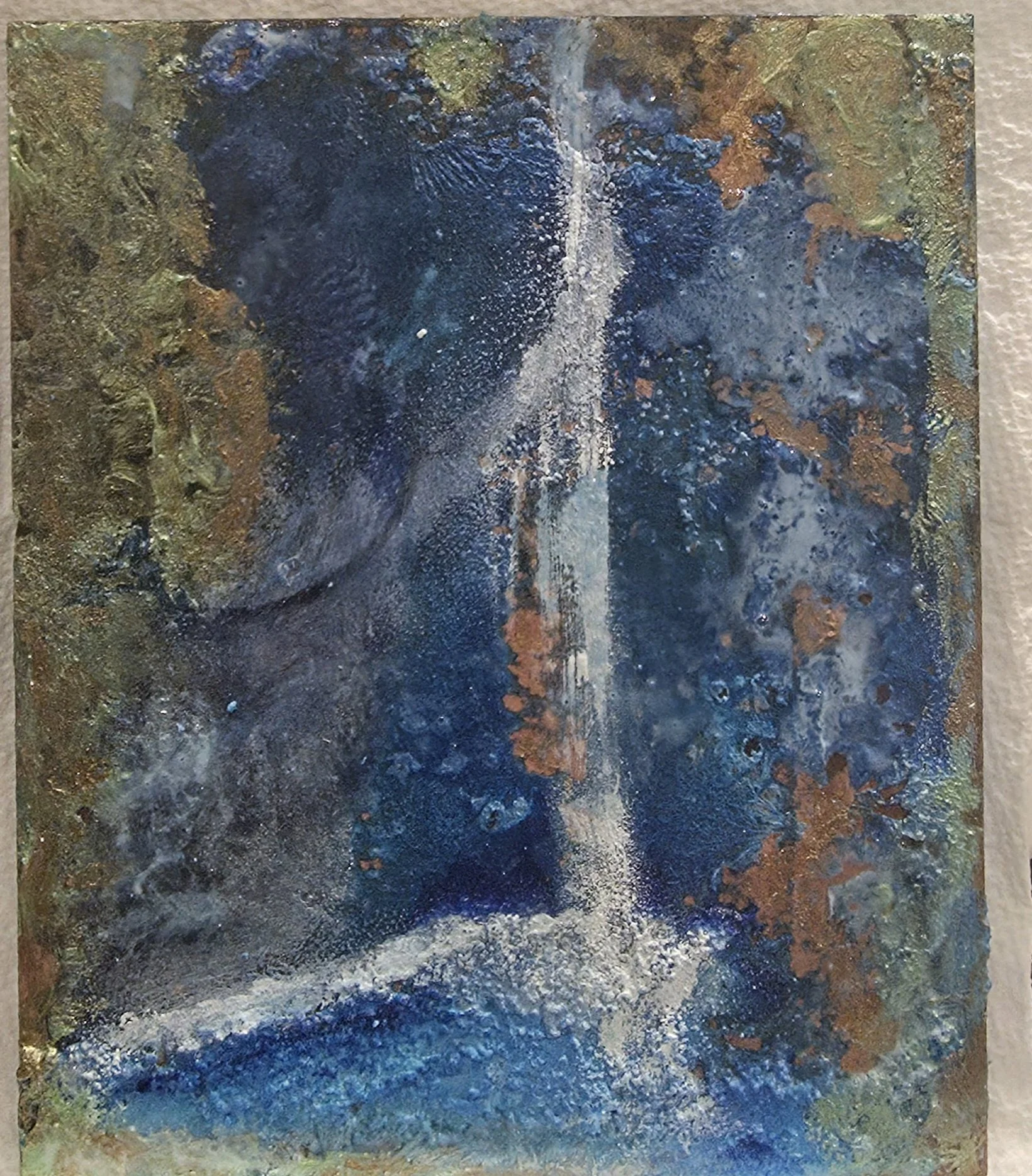 Abstract textural image of a waterfall on copper with dark blue, black, white, green, and rust colors, featuring layered brushstrokes and metallic accents.