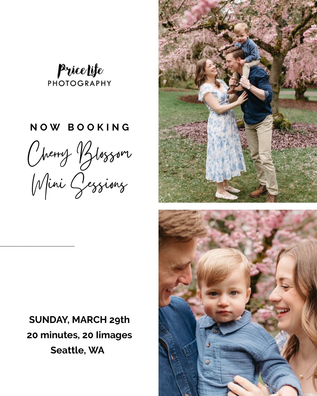 Now booking Cherry Blossom Minis on Sunday, March 29th! These will be in Seattle at the Arboretum and I can&rsquo;t wait to capture you and your loved ones under the prettiest, pink and white blooms! 

These work great as a family, maternity, or coup