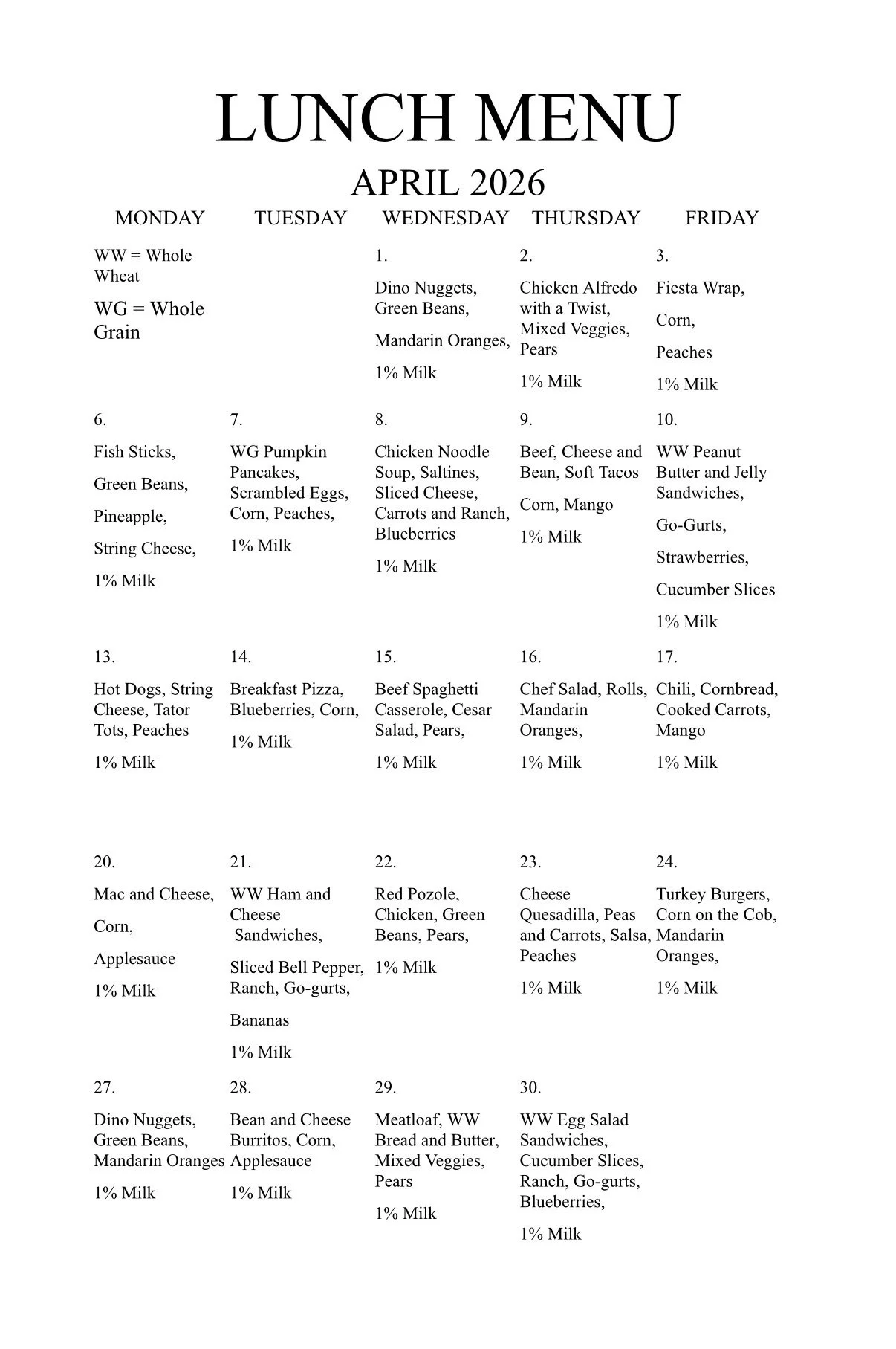 Meals and Menu — Treehill Day School