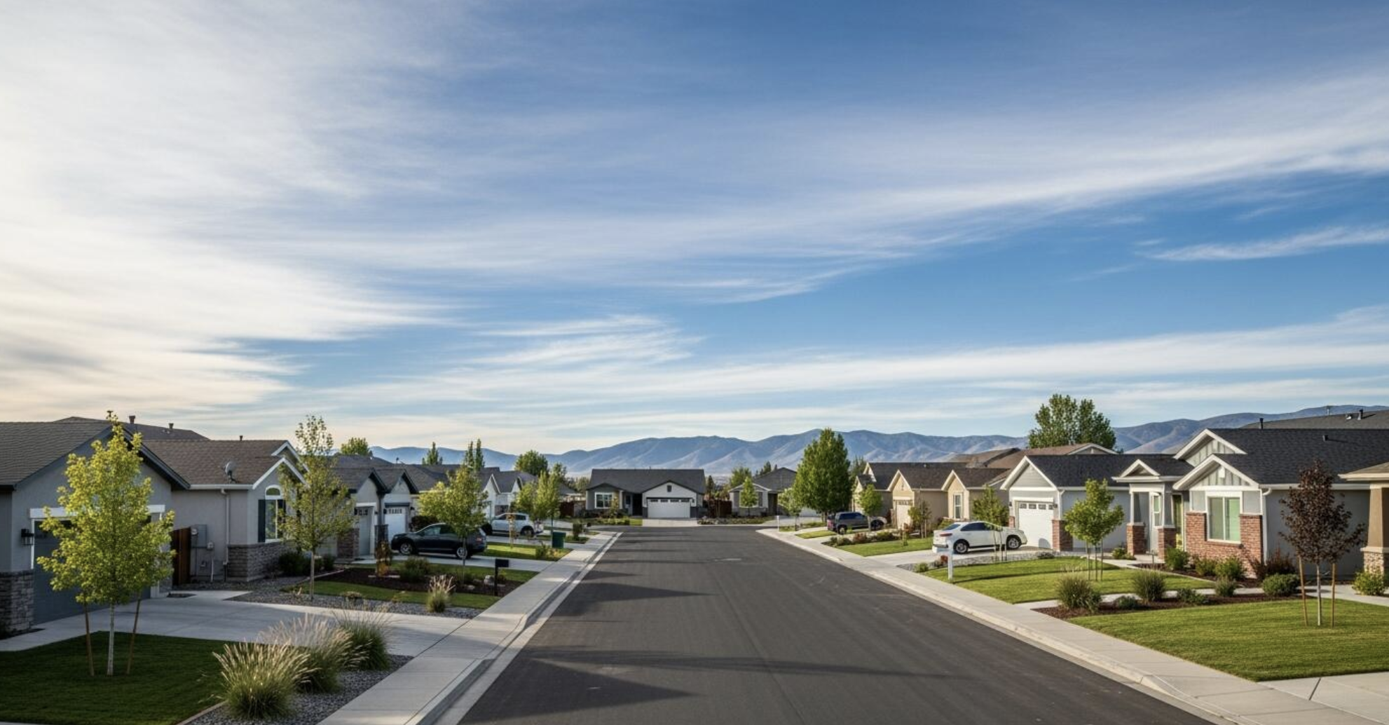 Residential street in South Reno with landscaped homes and mountain views