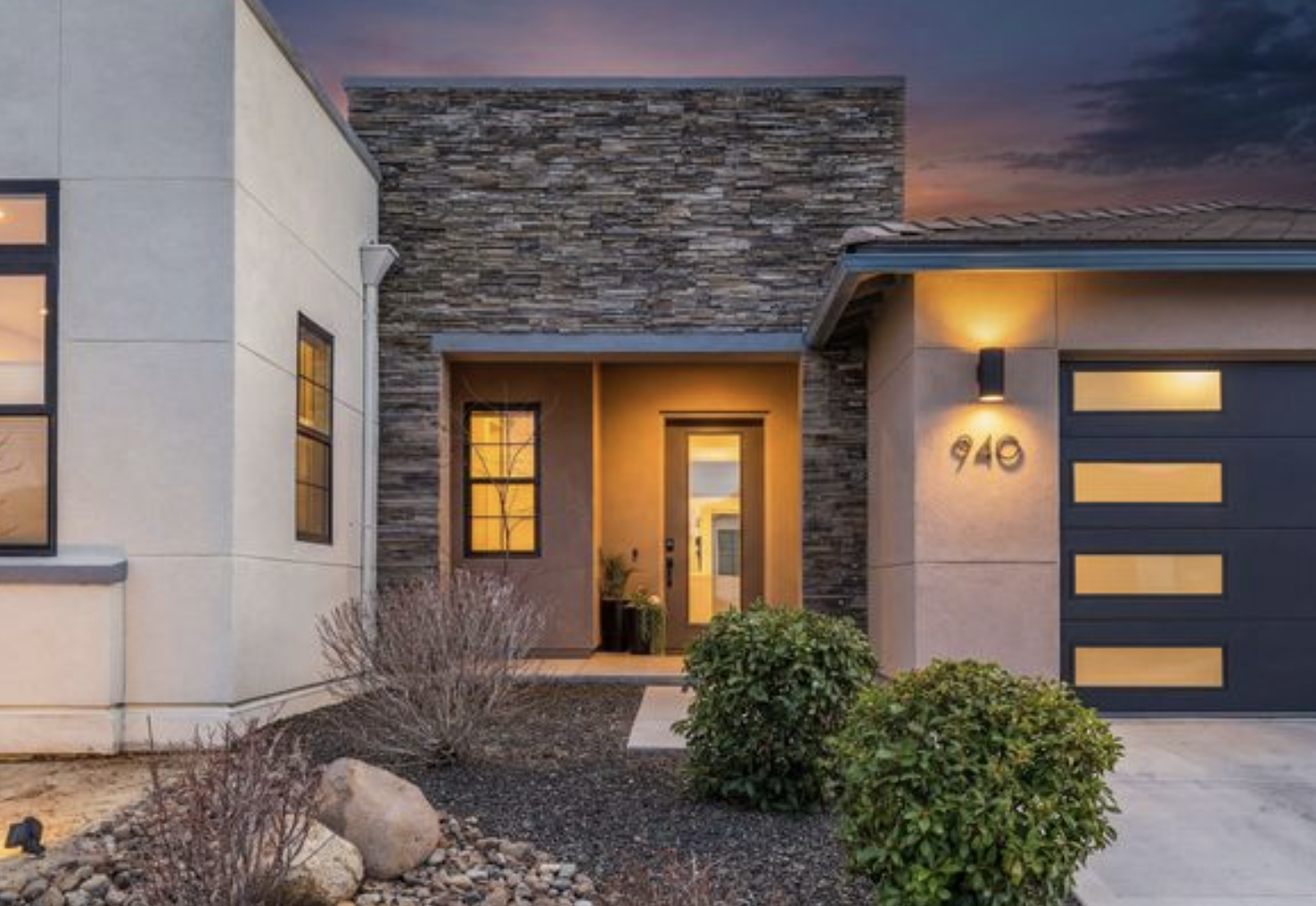 Modern home exterior in South Reno neighborhood at twilight