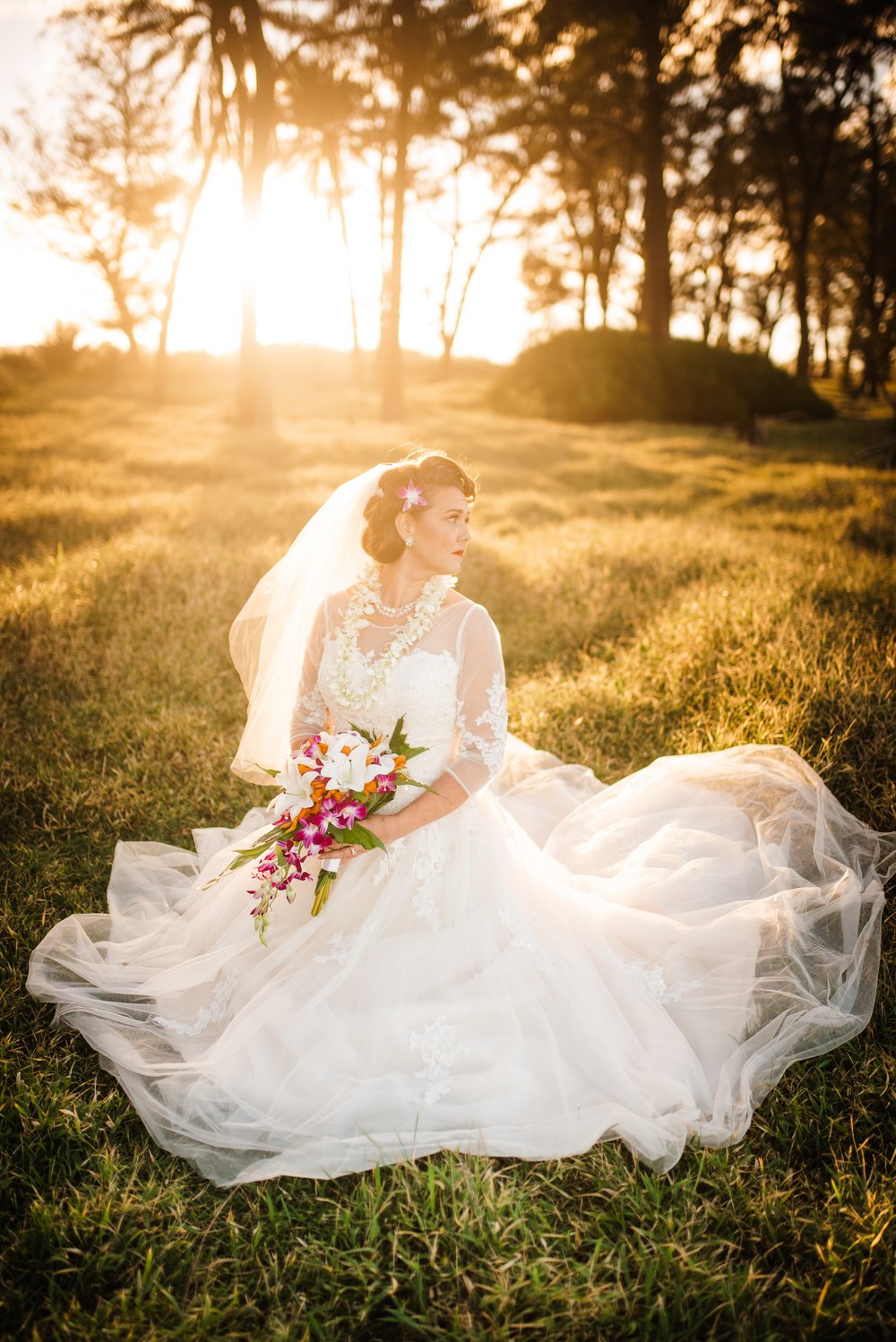 Wedding dress-Bridal portrait-Sunset-Golden Hour- Wedding dress- Hawaii Elopement
