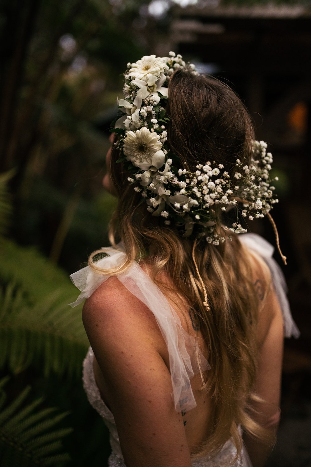 Bride flowers in hair Big Island Volcano Elopement