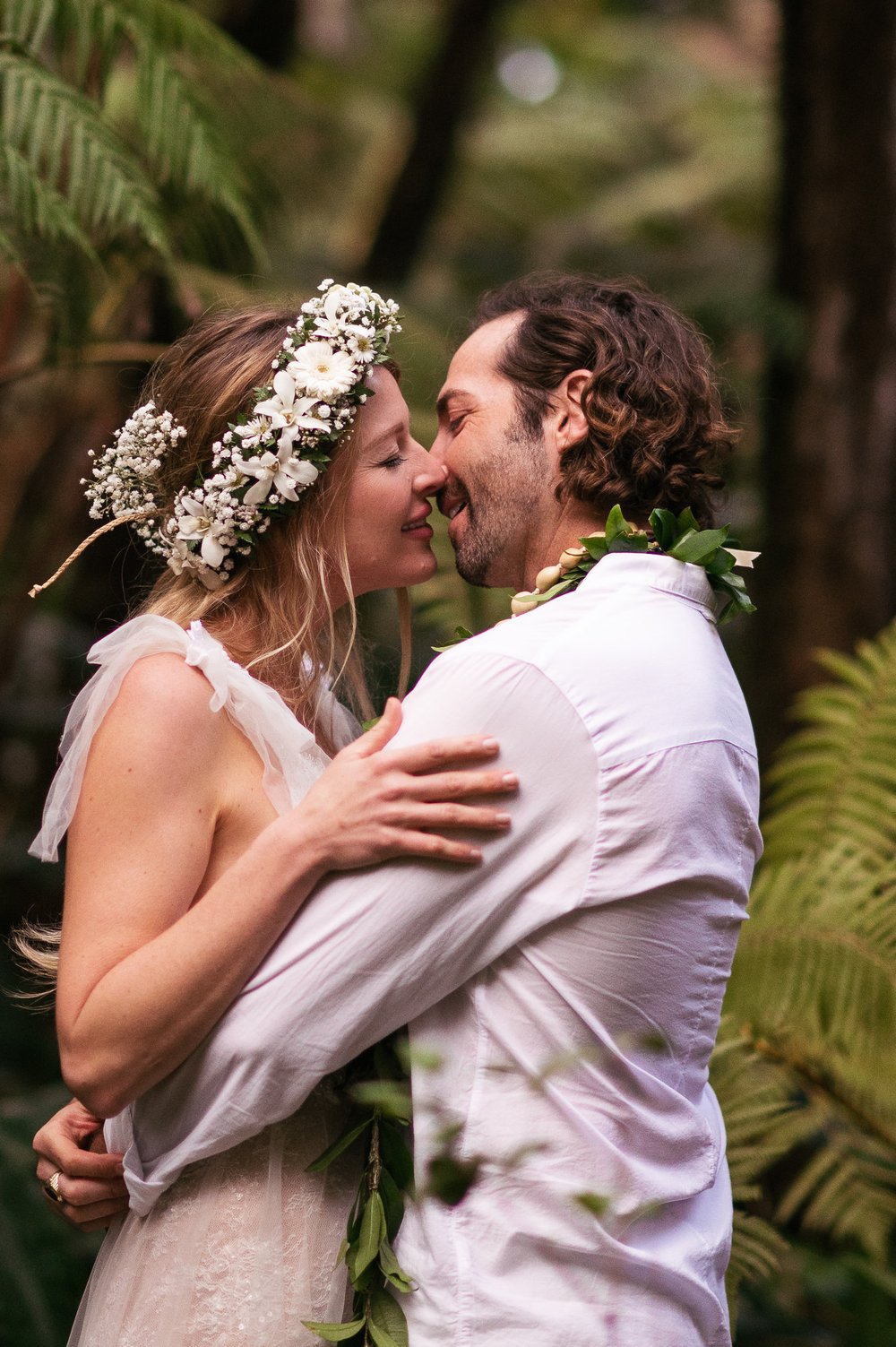 First Kiss Romantic Elopement Photography Bride and Groom Volcano Hawaii Big Island
