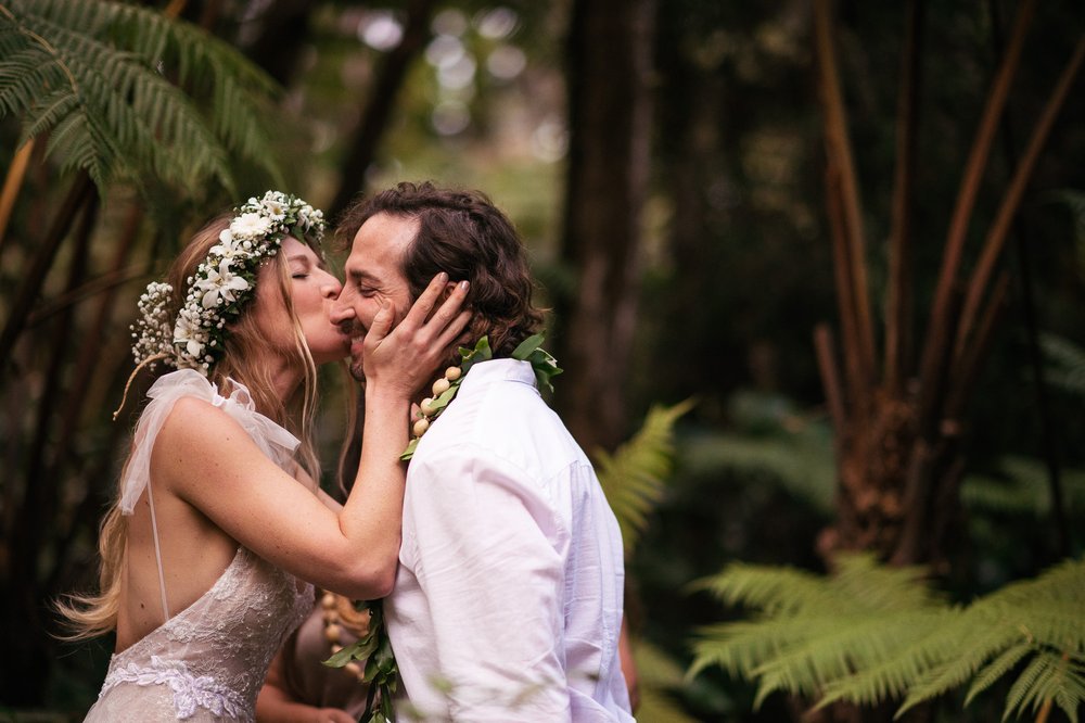 Romantic Elopement Photography Bride and Groom Volcano Hawaii Big Island Lei Exchange