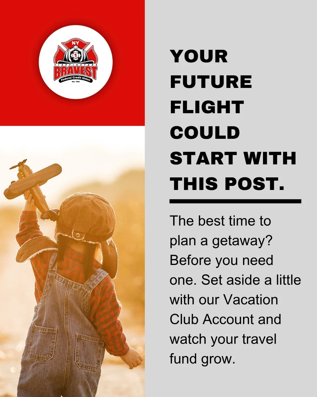 Your next trip starts now!

The best time to plan a getaway? Before you need one. Set aside a little with our Vacation Club Account and watch your travel fund grow.

🌴 Your future flight could start with this post. [Link in bio]

#VacationClub
#FDNY