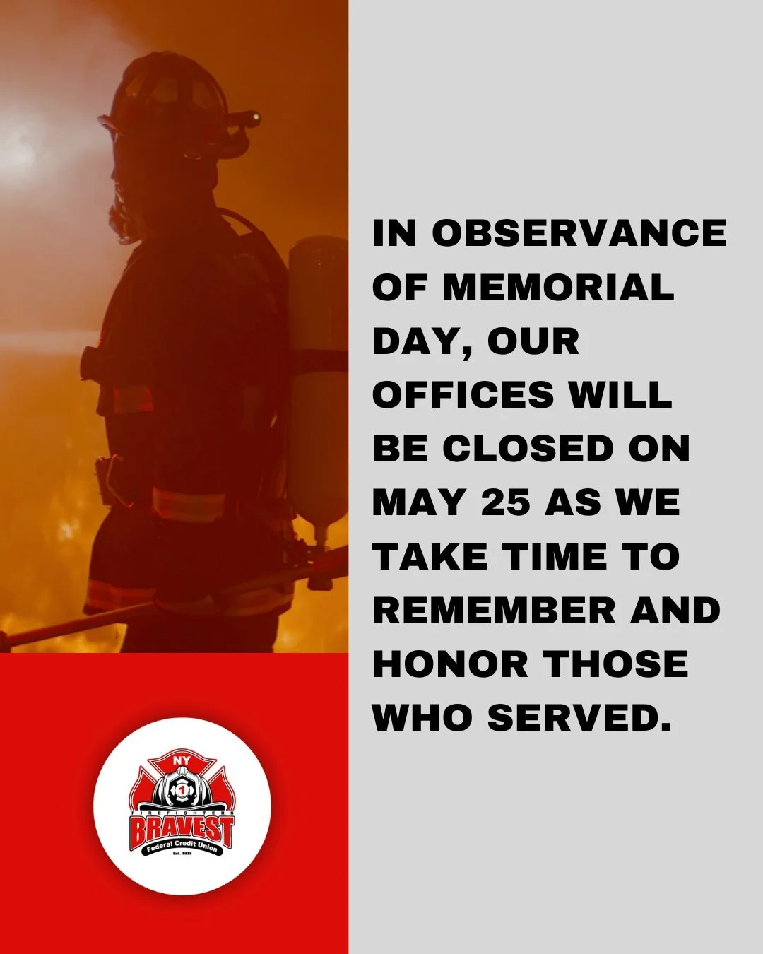 In observance of Memorial Day, our offices will be closed on May 25 as we take time to remember and honor those who served. 🇺🇸

📱 You can still access your accounts anytime with our Mobile App. 

Stay connected wherever you are. [Link in bio]

#Me