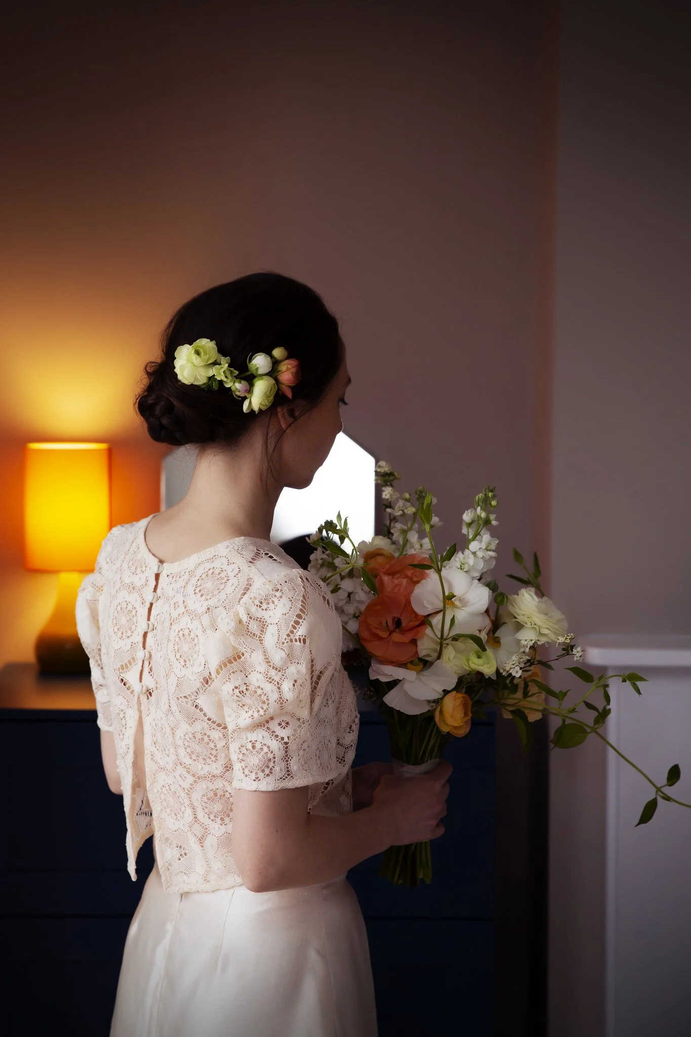 Spring bridal bouquet and wedding hair flowers made by Seasonal Blooms in Bath