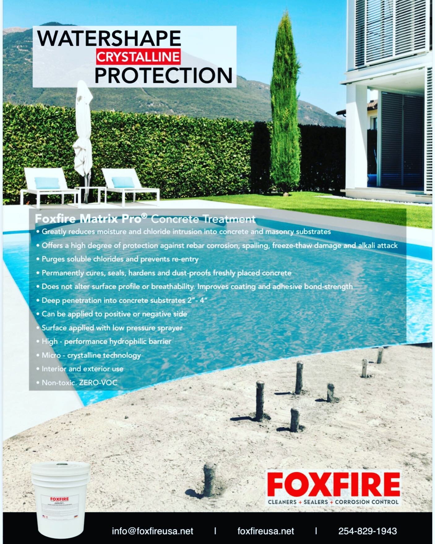 Reduce soluble chlorides and other transport properties like vapor and gases internally while protecting embedded steel from long term corrosion with Foxfire Matrix Pro&reg;! For all shotcrete, gunite, and concrete vaults! #foxfirematrixpro #poolands