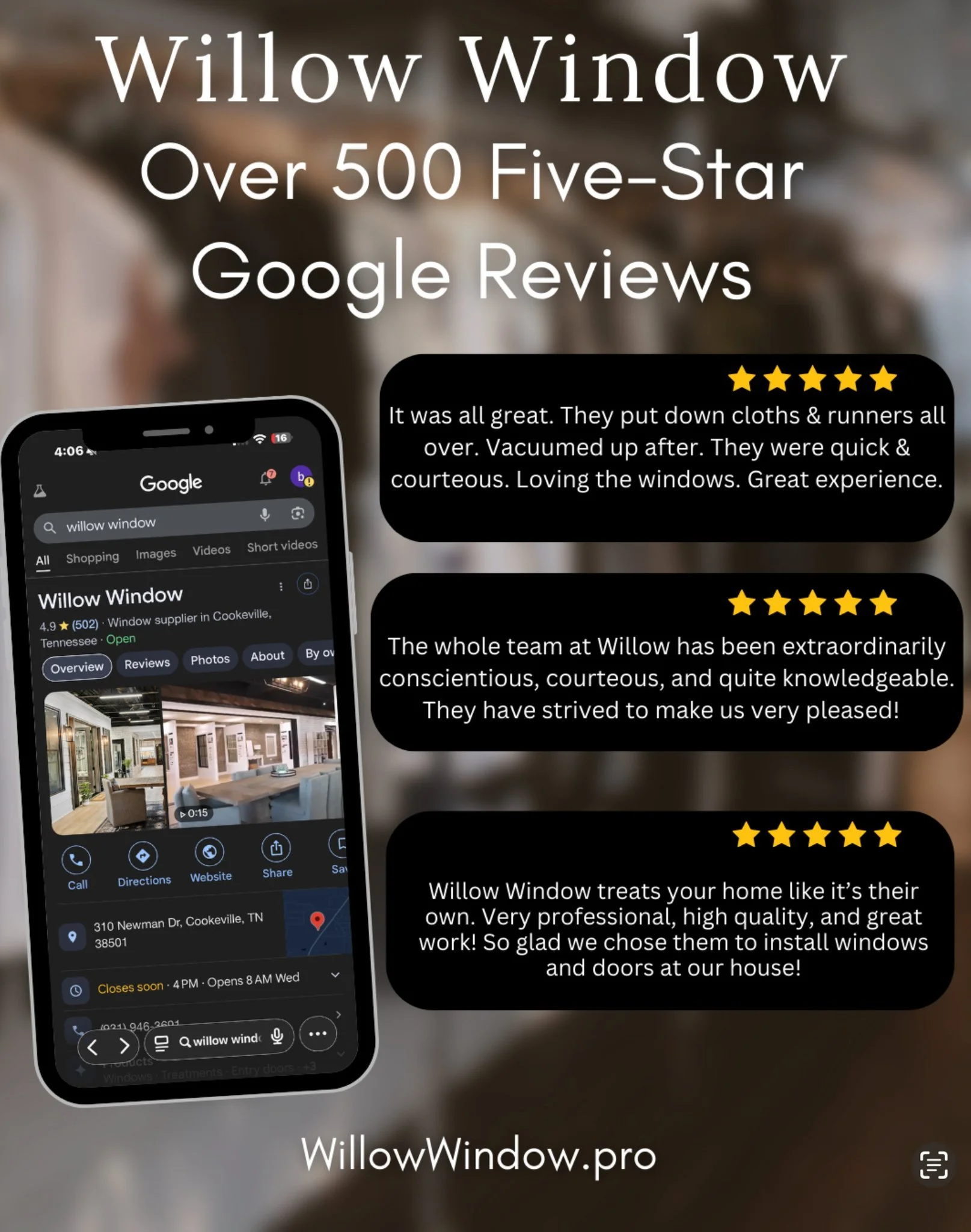 500+ Five-Star Reviews.

Not because we&rsquo;re perfect.

But because we&rsquo;re intentional.

From your first consultation to final install, every detail matters.
Thank you to the hundreds of homeowners who have trusted Willow Window with their ho