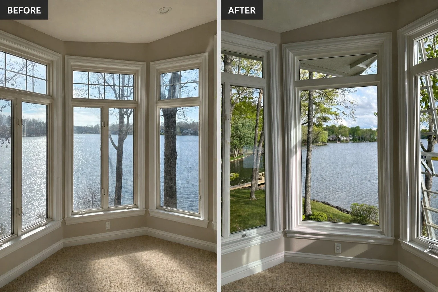 Same view. Completely different experience.

We removed the visual clutter and opened this space up with clean, unobstructed glass&mdash;letting the lake become the focal point it was always meant to be.
No blinds. No distractions. Just a picture-per