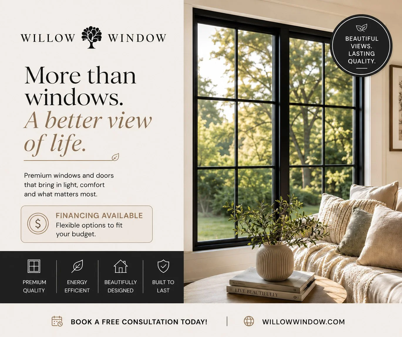 Your home deserves more than just windows. It deserves comfort, beauty, and craftsmanship that lasts.
At Willow Window, we combine premium products with expert in-house installation to create spaces that feel brighter, more comfortable, and more conn