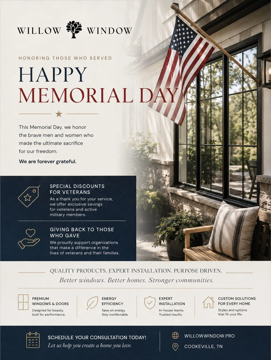 This Memorial Day, we pause to honor the brave men and women who made the ultimate sacrifice for our freedom. 🇺🇸
At Willow Window, we are proud to support the veteran community not only through special discounts for veterans and active military, bu
