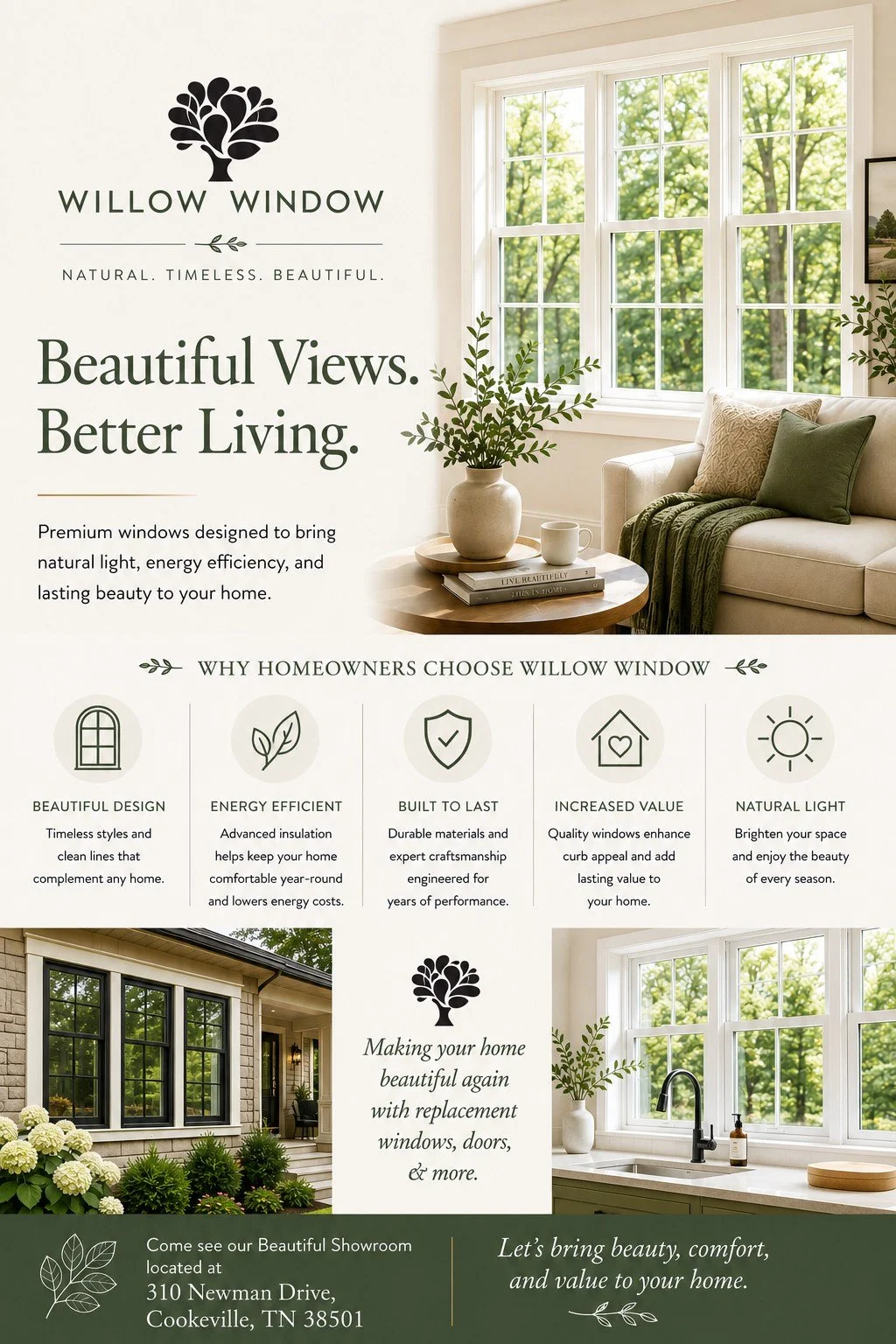 Beautiful Views. Better Living.

Premium windows designed to bring natural light, energy efficiency, and lasting beauty to your home.

Why Homeowners Choose Willow Window
🏡 Beautiful Design
Timeless styles and clean lines that complement any home.
?