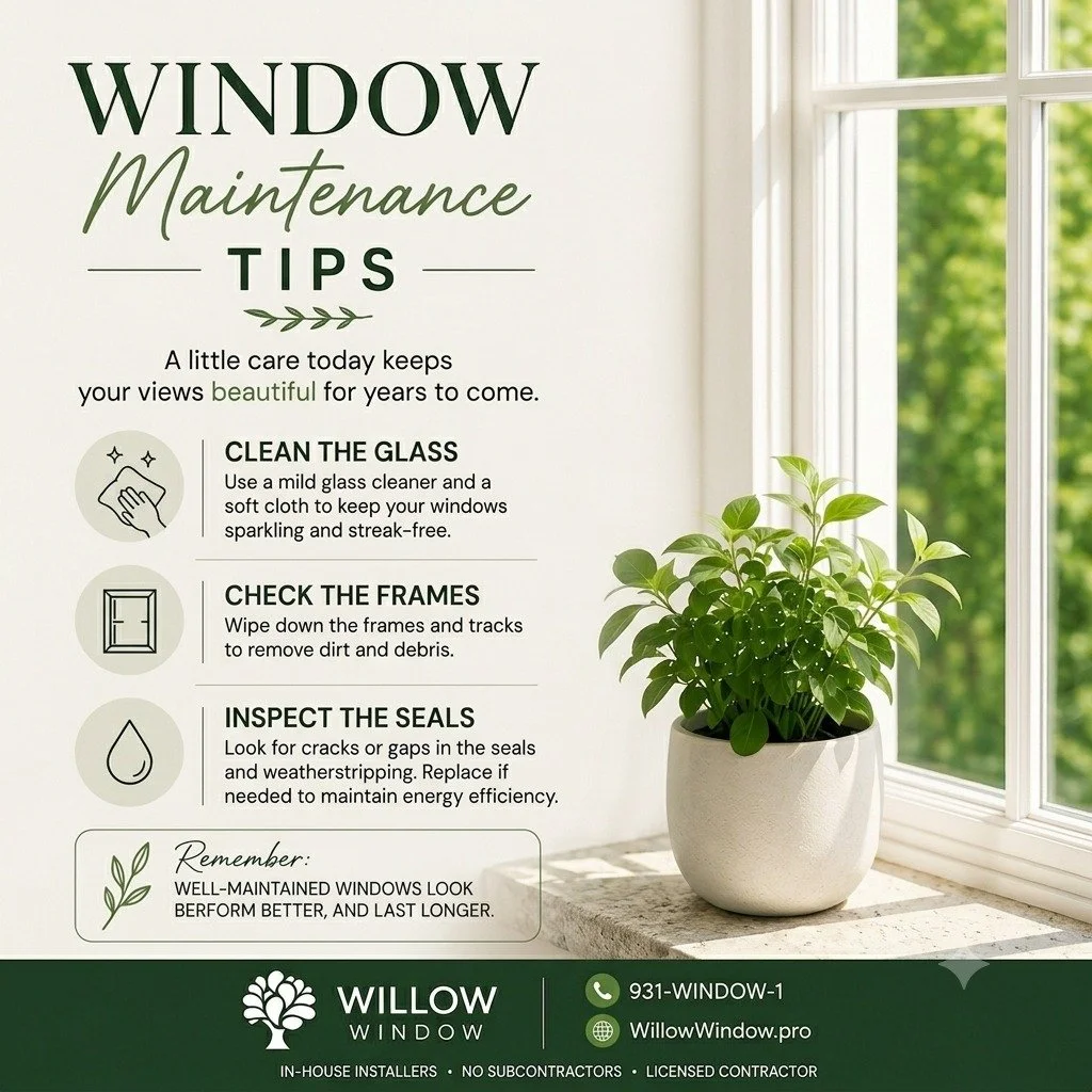 A Little Window Care Goes a Long Way!

Keeping your windows in great condition doesn't take much&mdash;it just takes a little routine maintenance.

Here are a few simple tips:
✔️ Clean the glass with a soft cloth and mild cleaner.
✔️ Wipe down frames