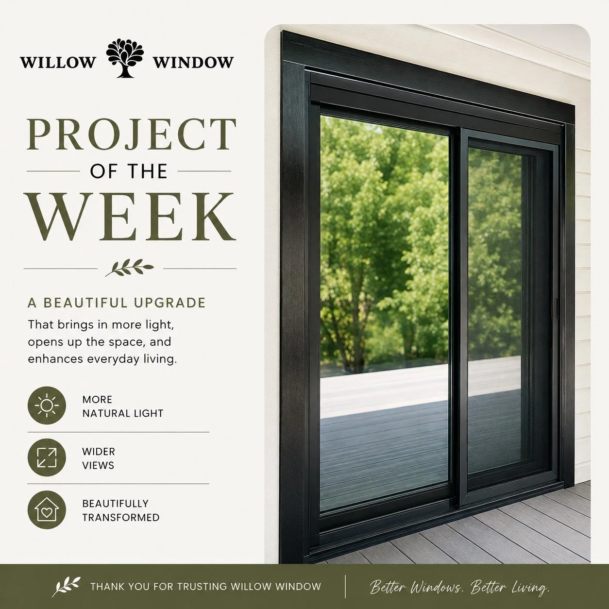 Project of the Week

This week's featured project showcases a stunning new sliding patio door that instantly transformed this outdoor living space. With sleek black framing, expansive glass, and smooth operation, this upgrade brings in more natural l