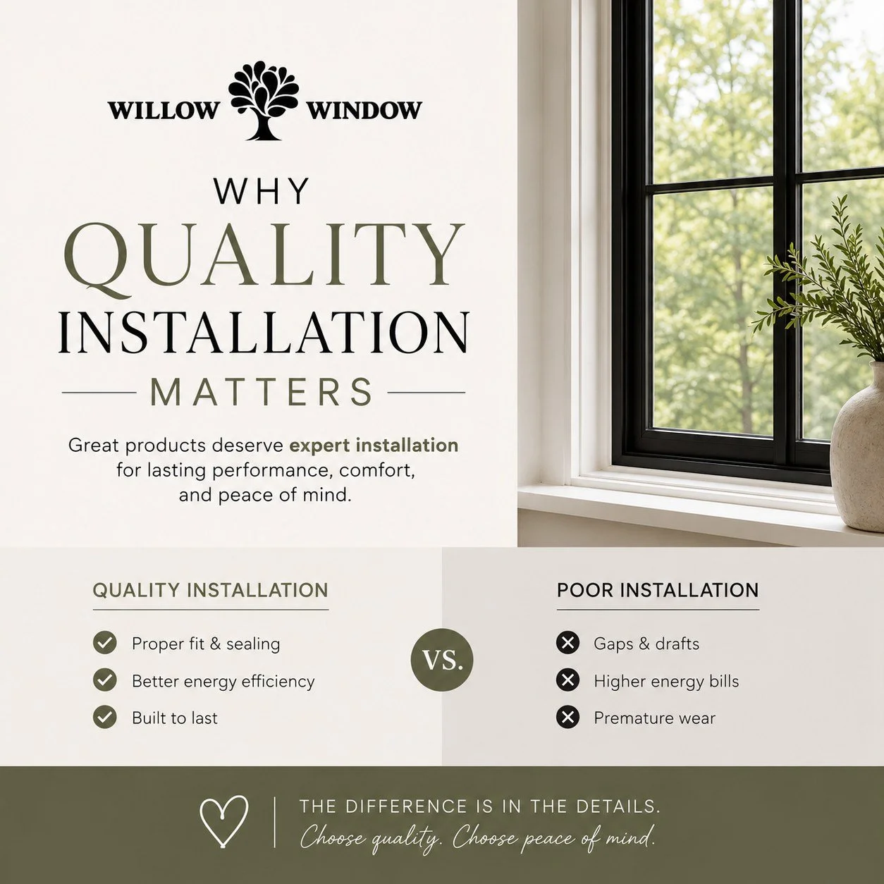 Quality products deserve quality installation.

A beautiful window is only as good as the team that installs it. Proper installation helps maximize energy efficiency, prevents drafts, and ensures your investment performs the way it was designed for y