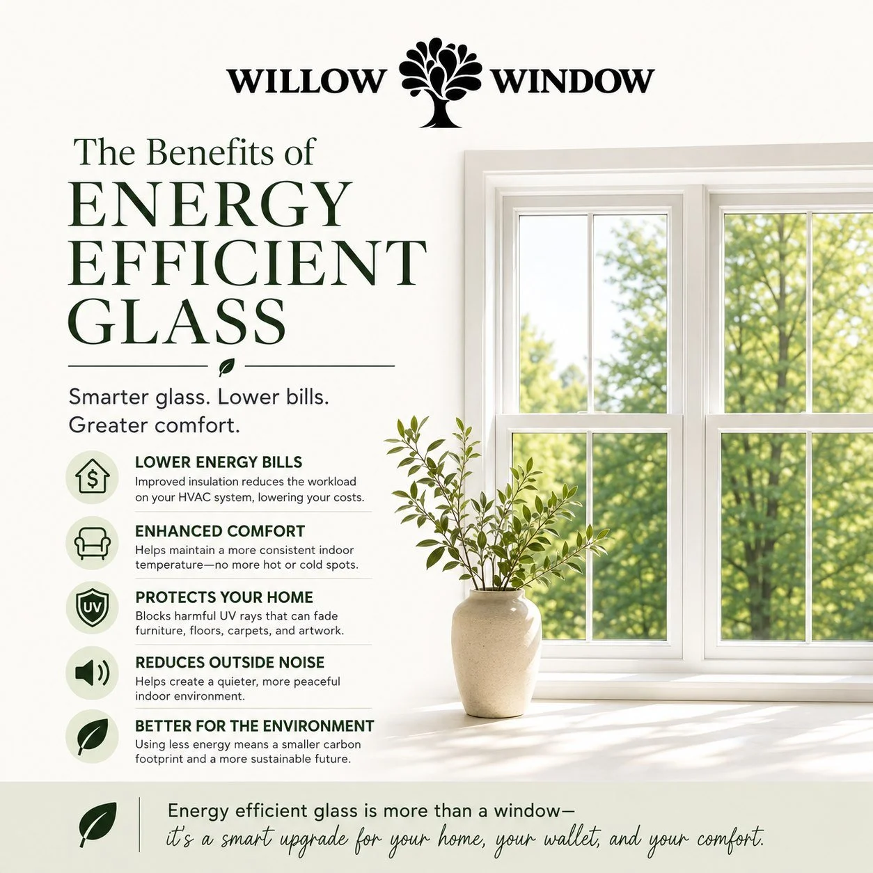 Did You Know? Your Windows Can Help Lower Your Energy Bills! 

Your windows do more than let in natural light&mdash;they play a major role in your home's comfort and energy efficiency.

Energy-efficient glass can help:

Reduce heating and cooling cos