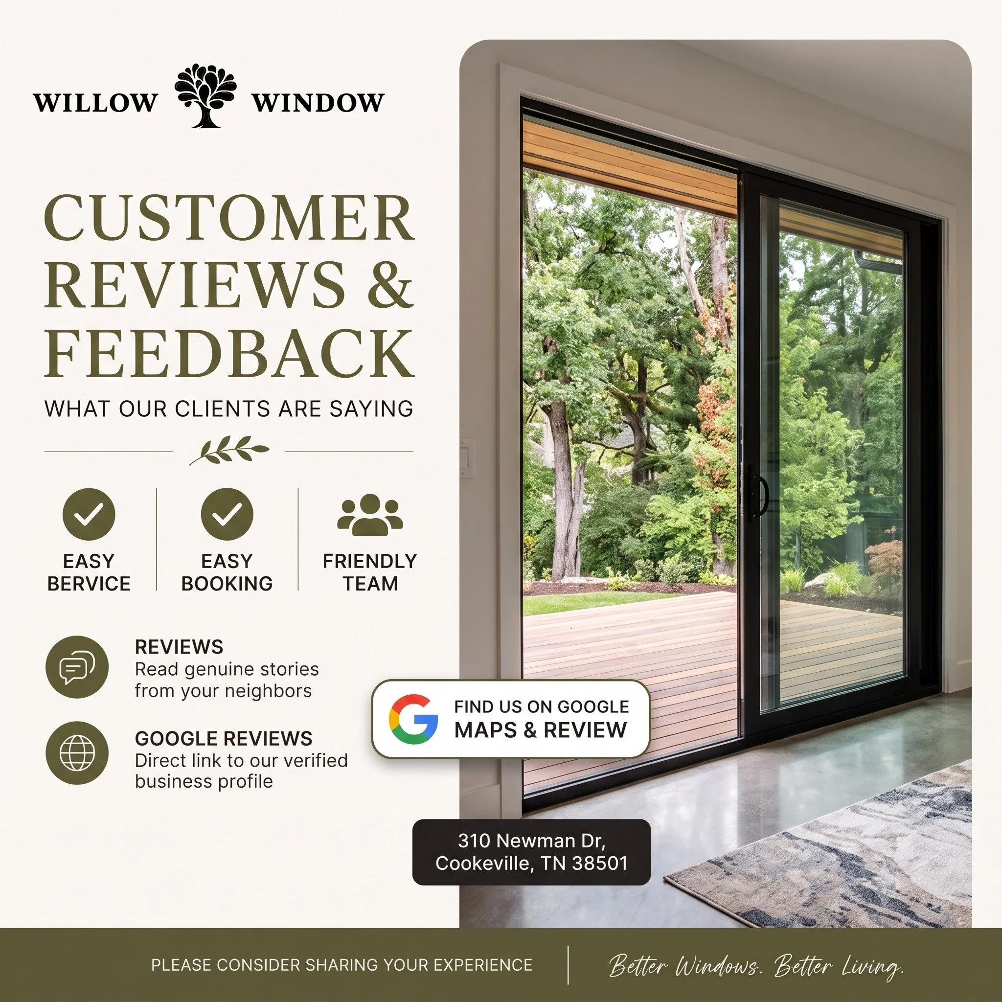 Our customers say it best!

Thank you to everyone who has trusted Willow Window and shared their experience. Your support means the world to our team, and we're proud to deliver quality products and exceptional service every step of the way.

Ready t
