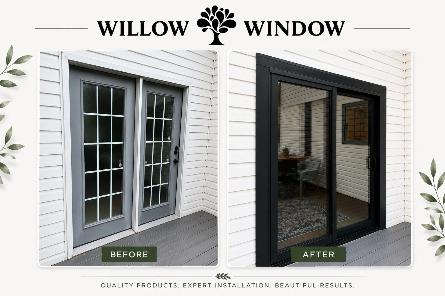 What a difference! 

Our team recently replaced these French doors with a beautiful new sliding patio door, completely transforming the home's appearance while creating a more open, functional living space.

Modern Design
Smooth Operation
Energy-Effi
