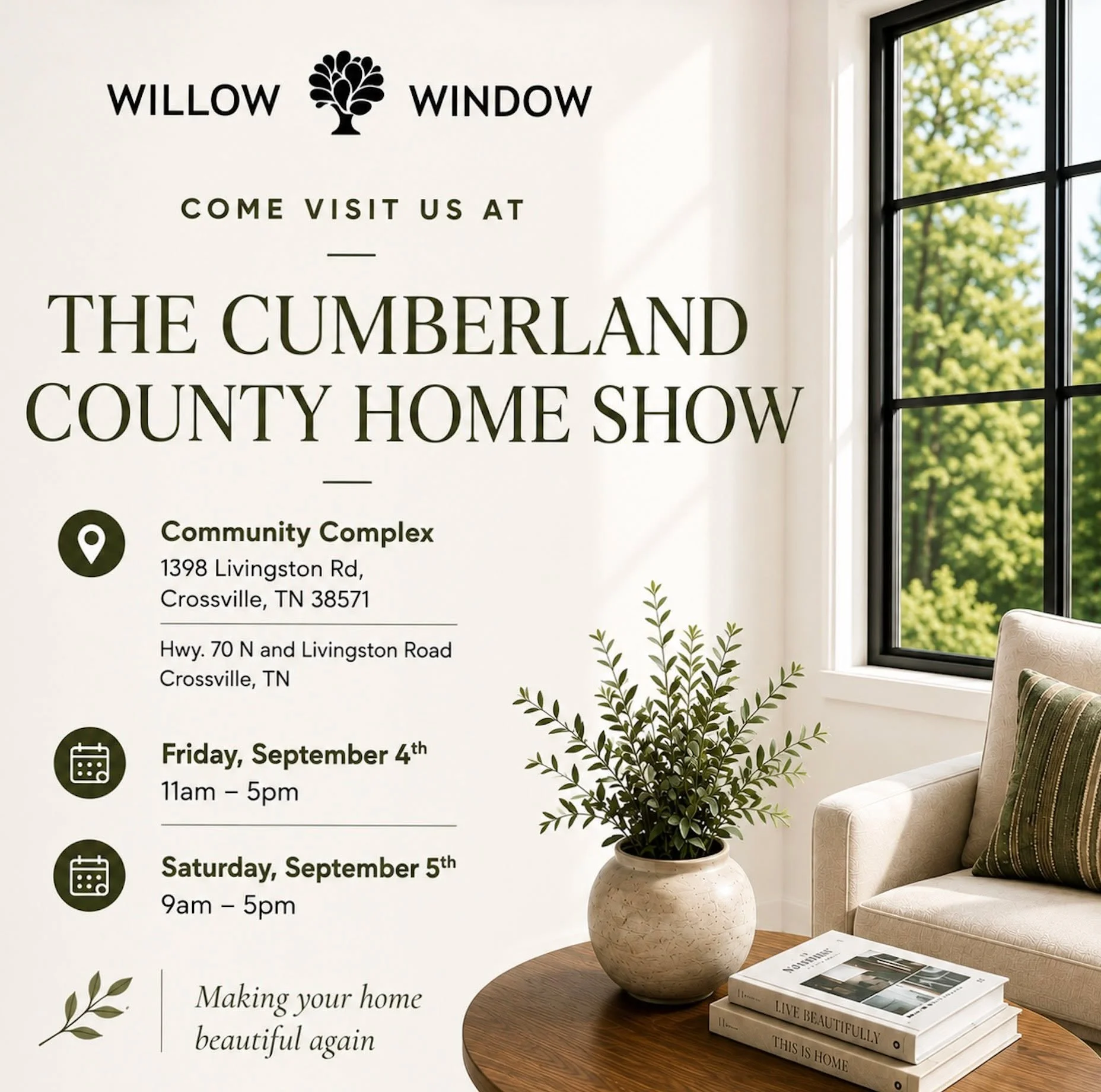 Come see Willow Window at the Cumberland County Home Show! 

Stop by our booth to chat about all things professional installation of windows, doors, garage doors, &amp; window treatments. 

📍Community Complex 
1398 Livingston Road Crossville, TN 385