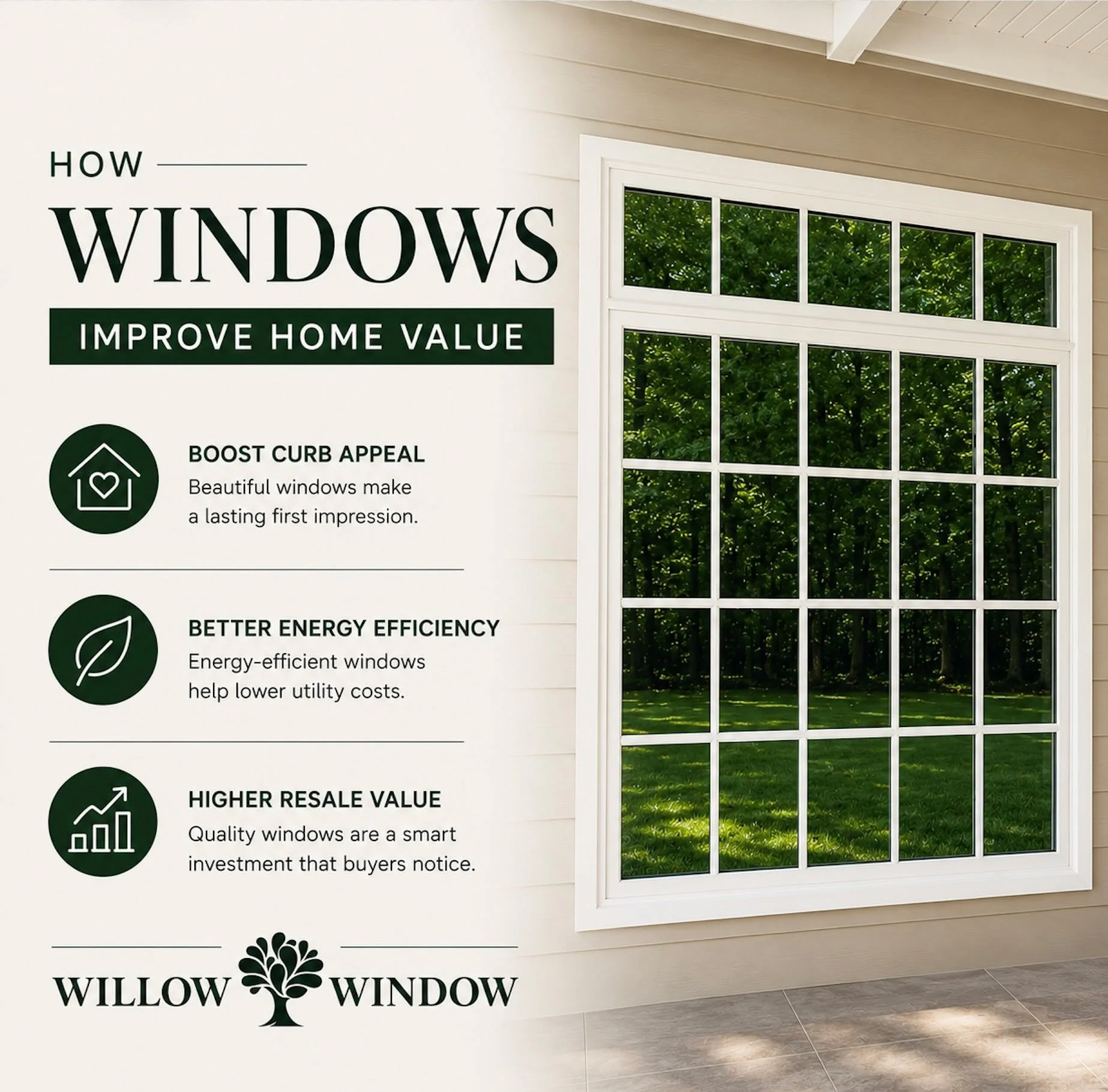 Upgrade your view &amp; your home&rsquo;s value with new windows from Willow Window! 

New windows can make a big impact by enhancing curb appeal, improving energy efficiency, and creating a feature future buyers will notice. 

Thinking about replaci