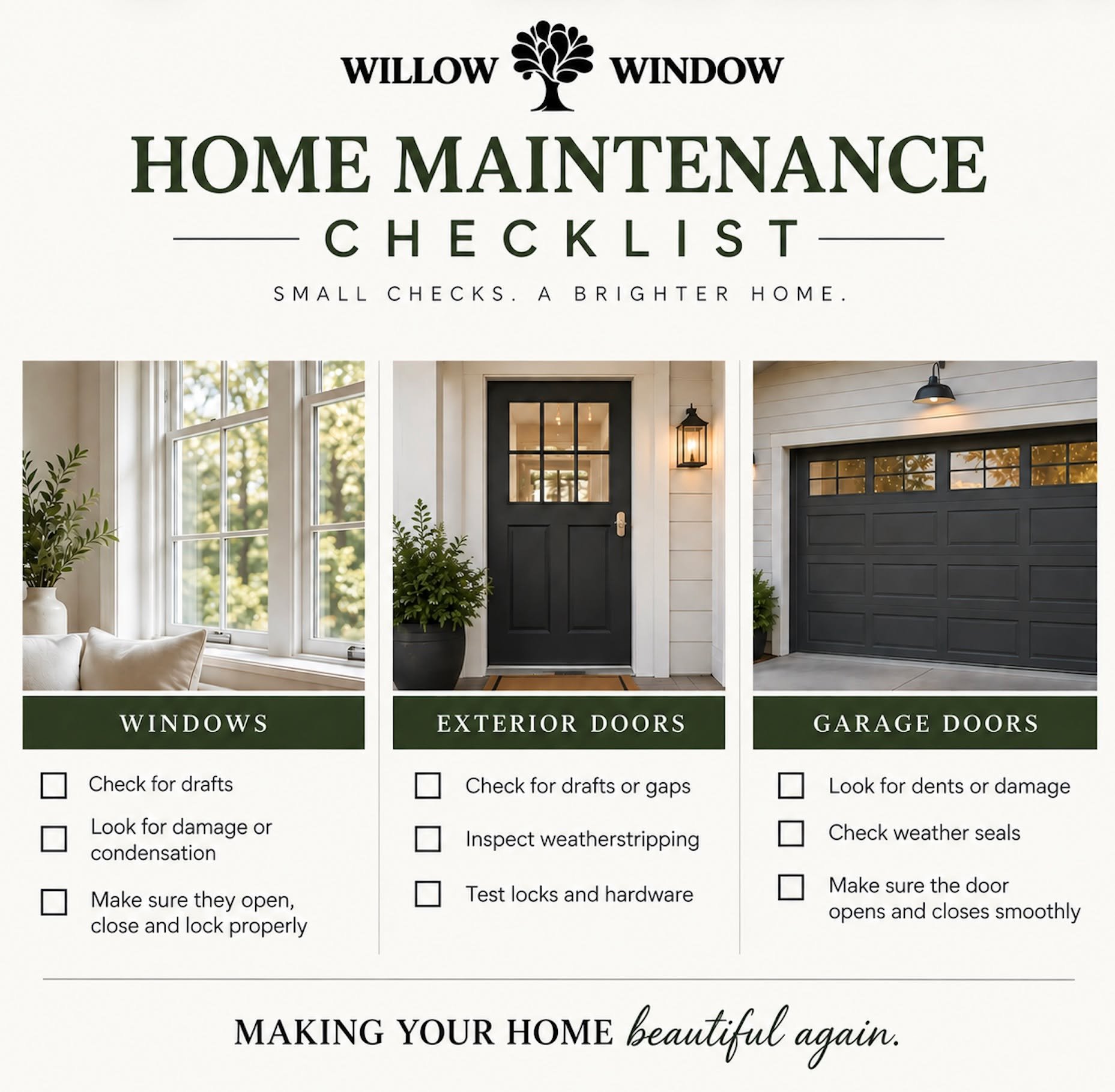 A little home maintenance can go a long way. 

Checking your windows, exterior doors, and garage doors for drafts, damage, worn seals, and proper operation can help keep your home comfortable, efficient, and looking its best. 

Small checks today can
