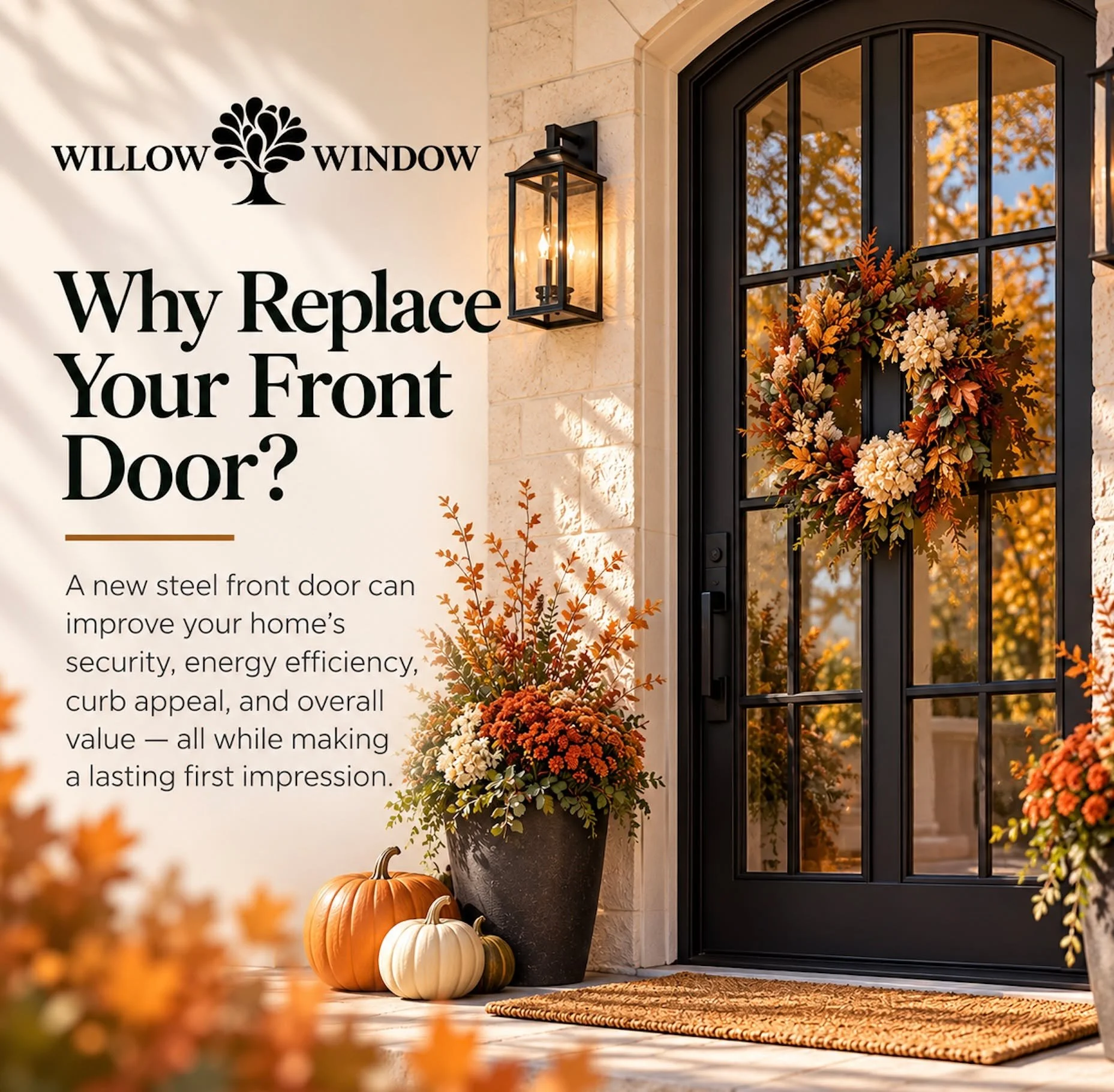 Your front door is one of the first things people notice about your home, but looks are only part of the story. 

Replacing your front door can help improve energy efficiency, security, curb appeal, and overall home value while giving your entryway a