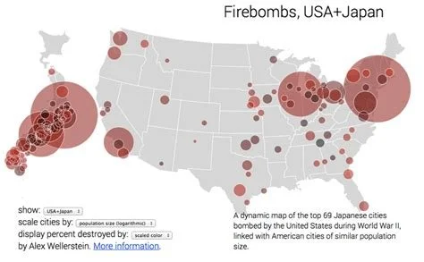 An overlay of the 69 Japanese cities destroyed prior to the atomic bombings, in relation to the size of U.S. cities