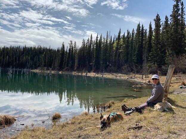 Pups and I relaxing by a lake on the Hidden Lakes trail. Ruff life! 