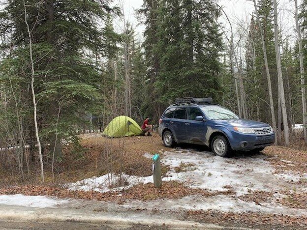 Setting up camp at Johnson Lake Campground. Still some snow on the ground, but we aren’t discouraged. Photo taken by me