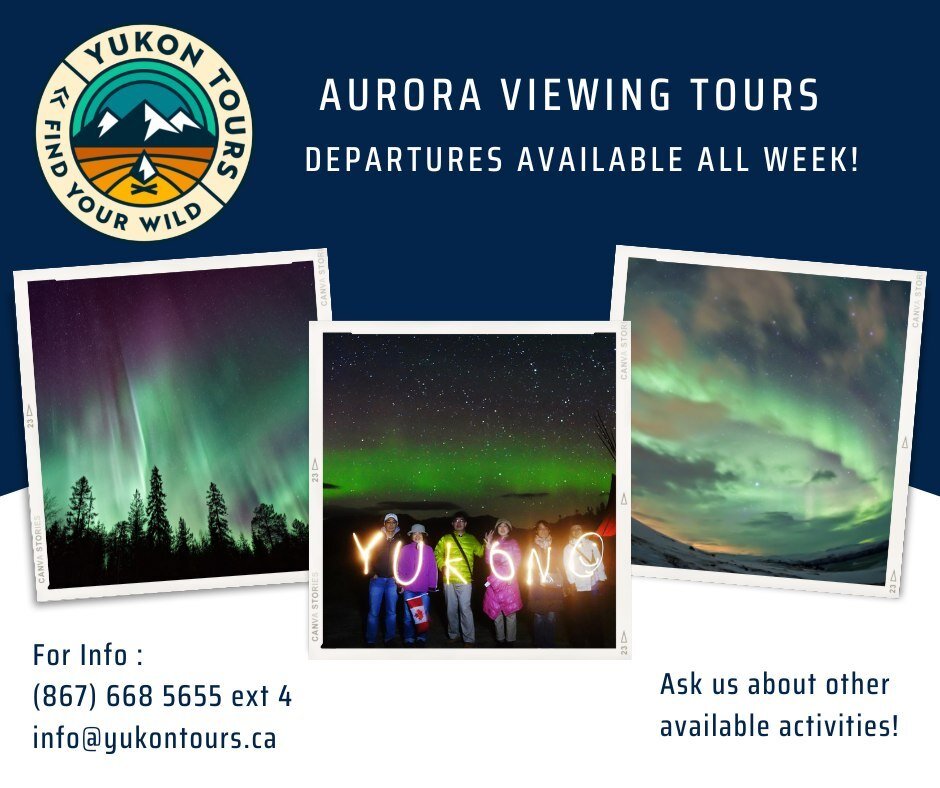 We invite you to take part in an Aurora Viewing tour! Approximately 40 minutes away from city lights, you'll have the opportunity to witness a northern phenomenon. 

Perfect for night owls! 

Contact us to book, or for more information.

#TheYukonisC