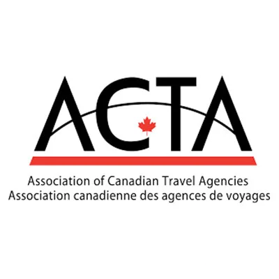 Logo for the Association of Canadian Travel Agencies (ACTA) featuring a stylized black text with a red maple leaf inside the letter G, and the organization name in both English and French.